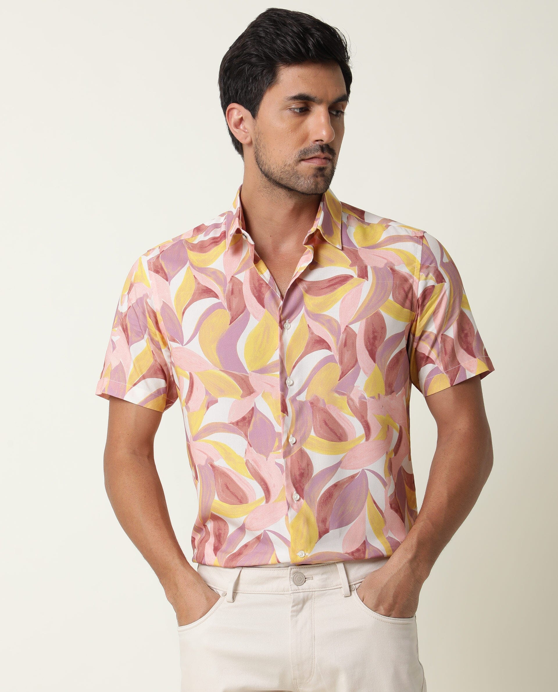 Rare Rabbit Men's Grafe Beige Viscose Fabric Half Sleeves Regular Fit Tropical Print Shirt