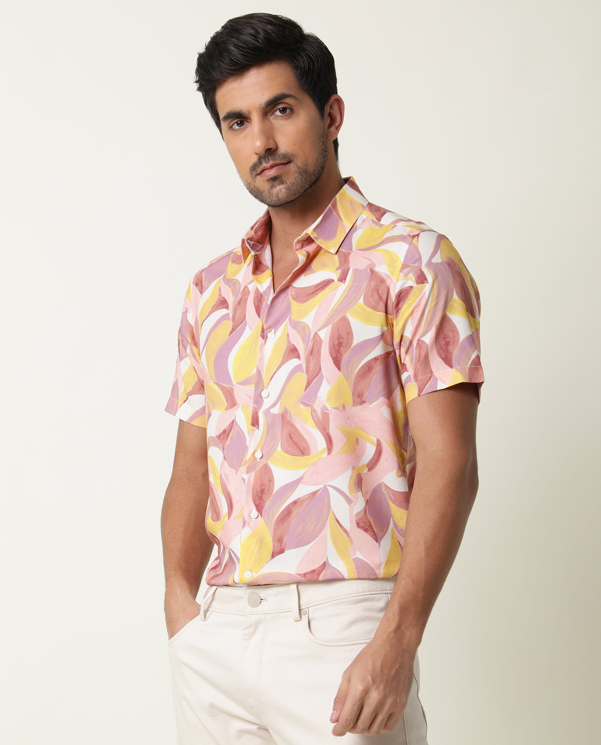 Rare Rabbit Men's Grafe Beige Viscose Fabric Half Sleeves Regular Fit Tropical Print Shirt