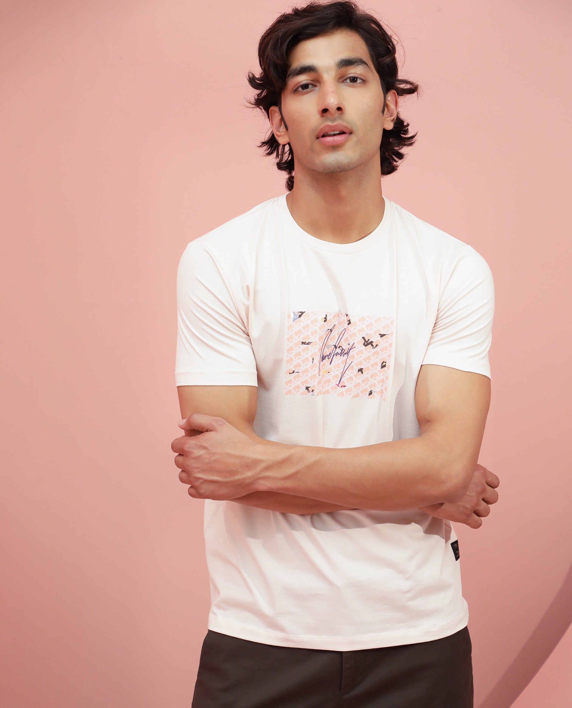 Rare Rabbit Men's Antile Peach Cotton Lycra Fabric Crew Neck Half Sleeves Regular Fit Graphic Print Monogram T-Shirt