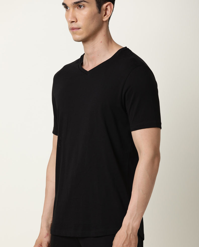 Rare Rabbit Articale Men's Cleok Double Black Solid V-Neck Relaxed Fit Half Sleeves T-Shirt
