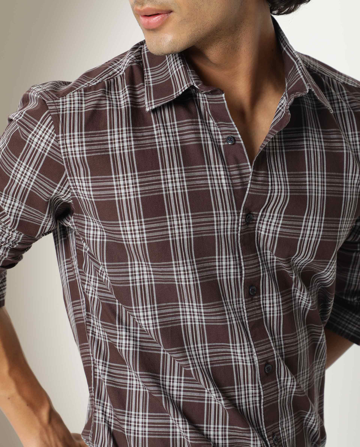 Rare Rabbit Men's Frazey Brown Cotton Fabric Full Sleeves Checks Shirt