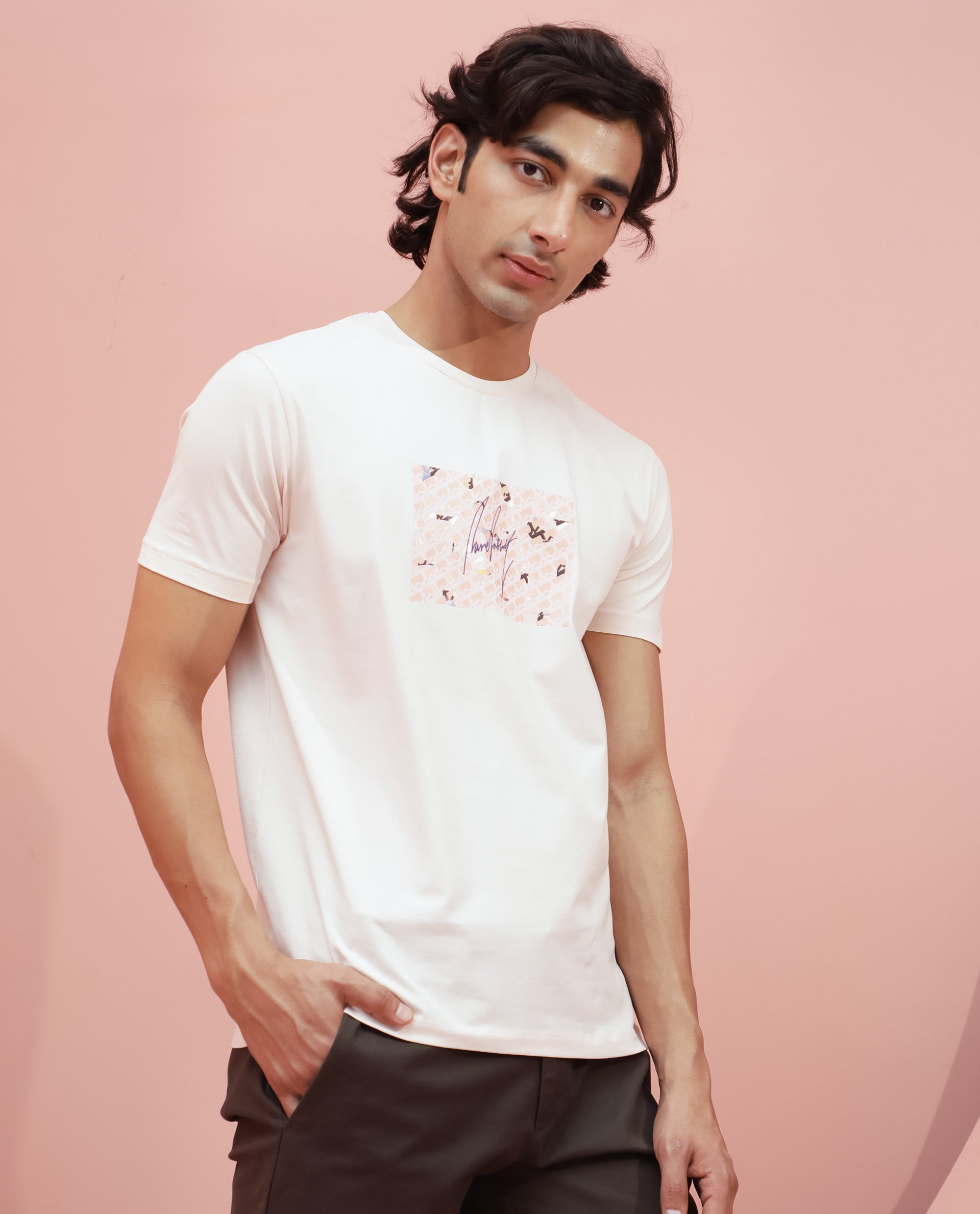 Rare Rabbit Men's Antile Peach Cotton Lycra Fabric Crew Neck Half Sleeves Regular Fit Graphic Print Monogram T-Shirt