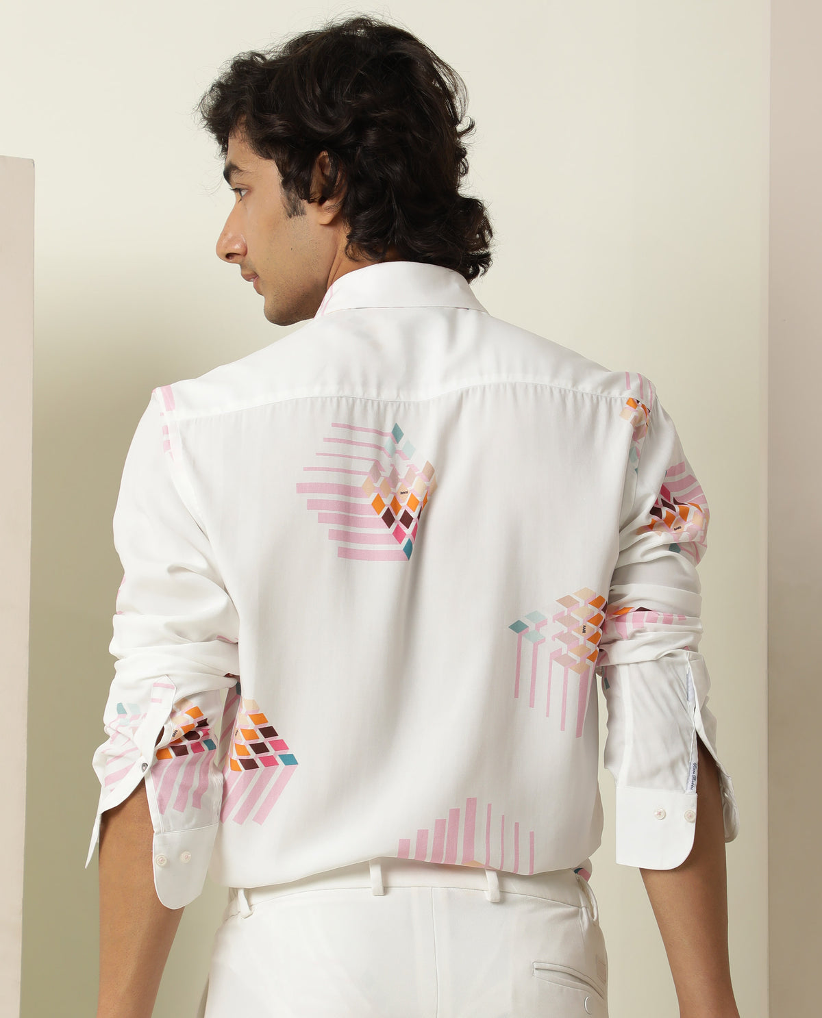 Rare Rabbit Men's Primet White Viscose Fabric Geometric Print Full Sleeves Shirt