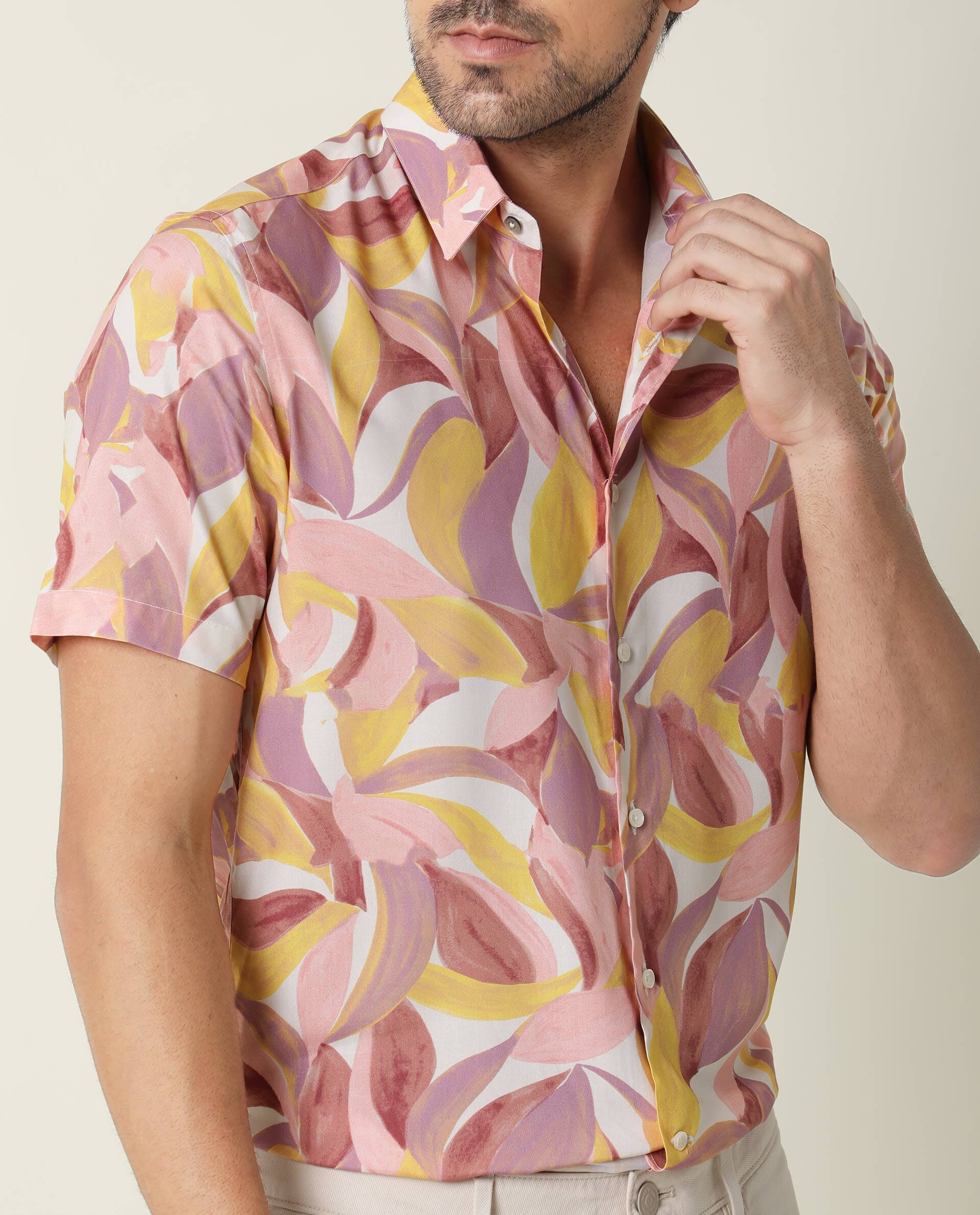 Rare Rabbit Men's Grafe Beige Viscose Fabric Half Sleeves Regular Fit Tropical Print Shirt