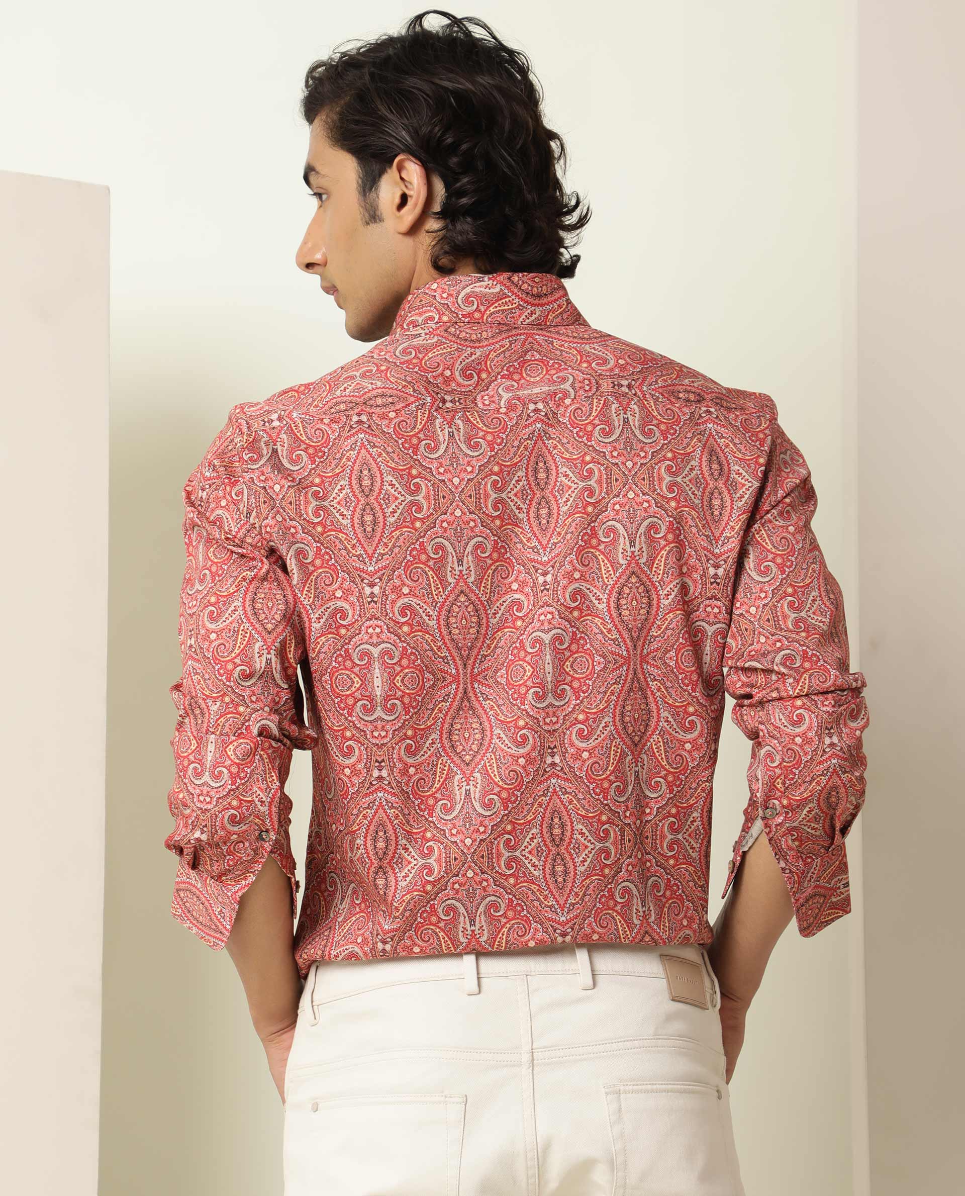 Rare Rabbit Men's Moire Red Cotton Fabric Paisley Print Full Sleeves Shirt