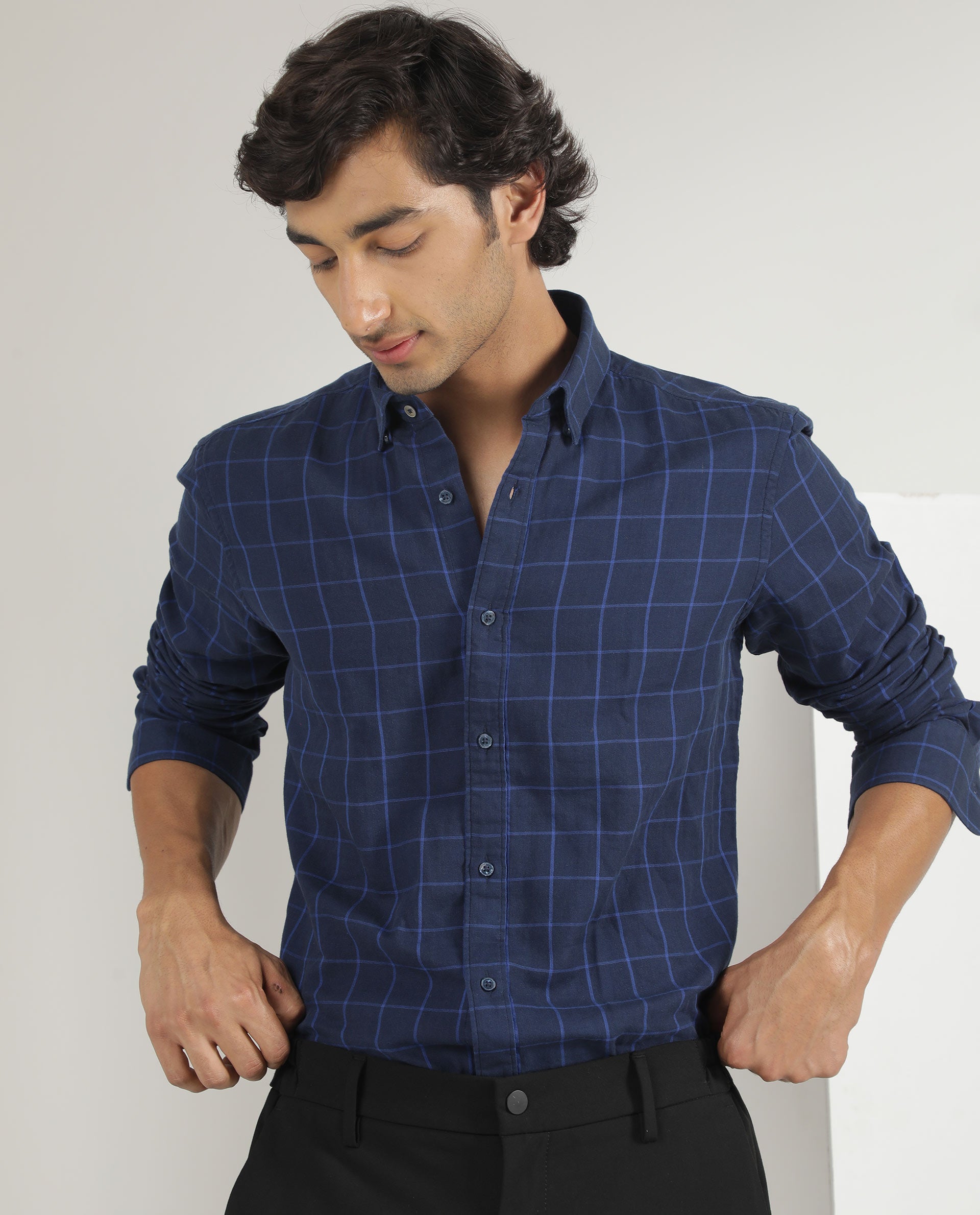 Rare Rabbit Men's Clara Navy Cotton Fabric Full Sleeves Checks Shirt