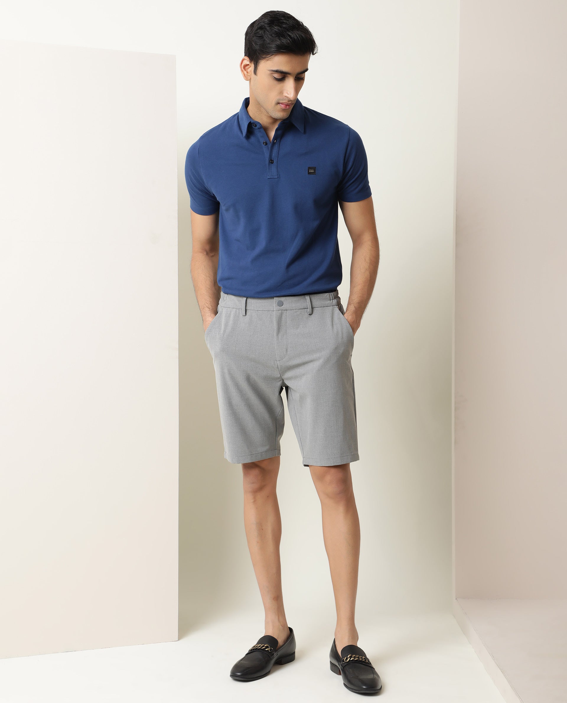 Rare Rabbit Men's Trip Grey Regular Fit Mid Rise Knee Length Shorts