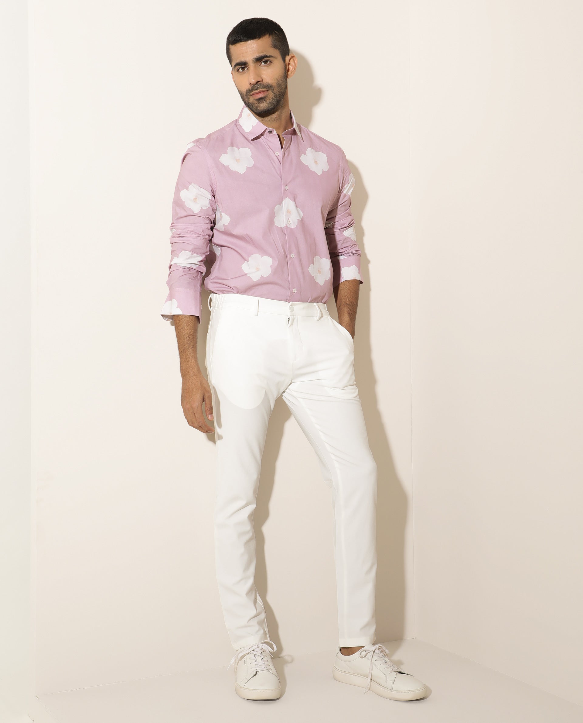 Rare Rabbit Men's Cromer Light Purple Cotton Fabric Floral Print Full Sleeves Shirt