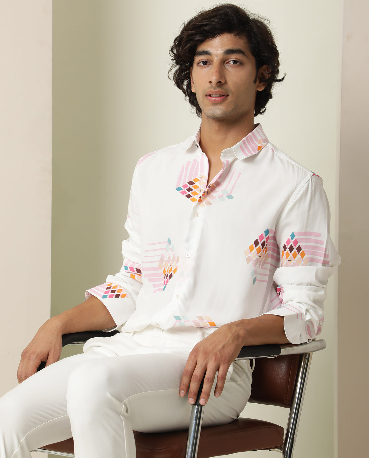 Rare Rabbit Men's Primet White Viscose Fabric Geometric Print Full Sleeves Shirt