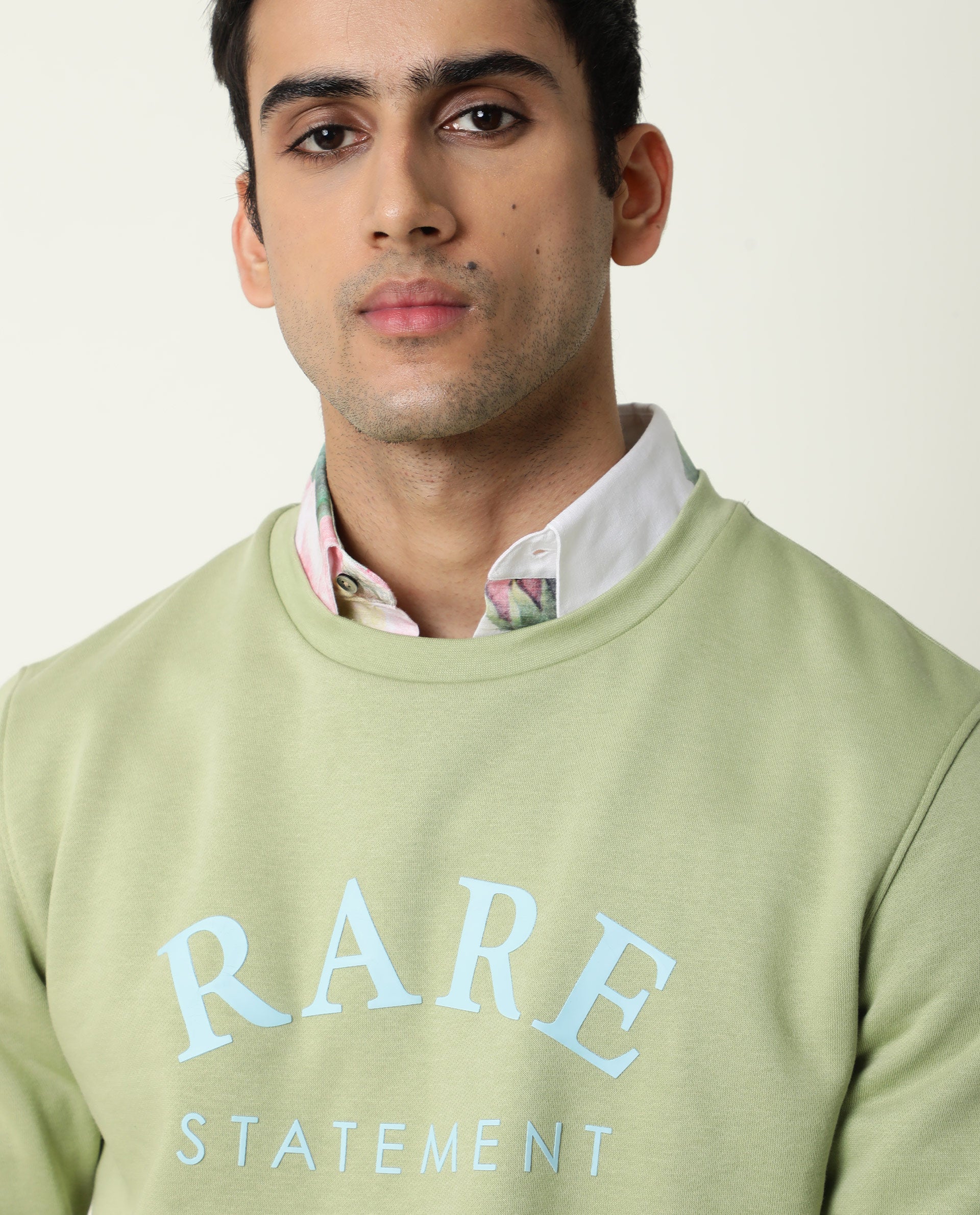 Rare Rabbit Men's Raven Pastel Green Cotton Polyester Fabric Full Sleeves Graphic Print Knit Sweatshirt