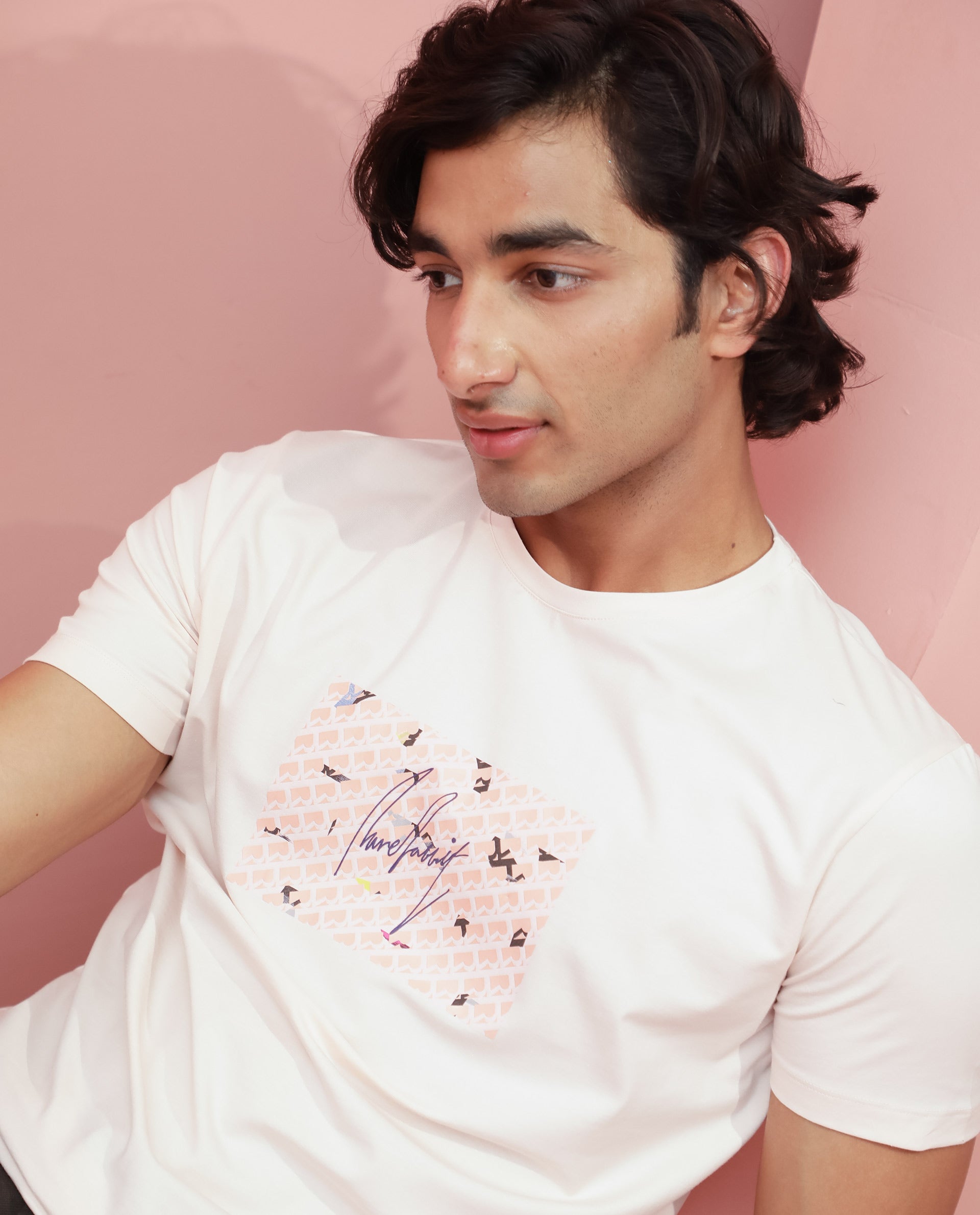 Rare Rabbit Men's Antile Peach Cotton Lycra Fabric Crew Neck Half Sleeves Regular Fit Graphic Print Monogram T-Shirt