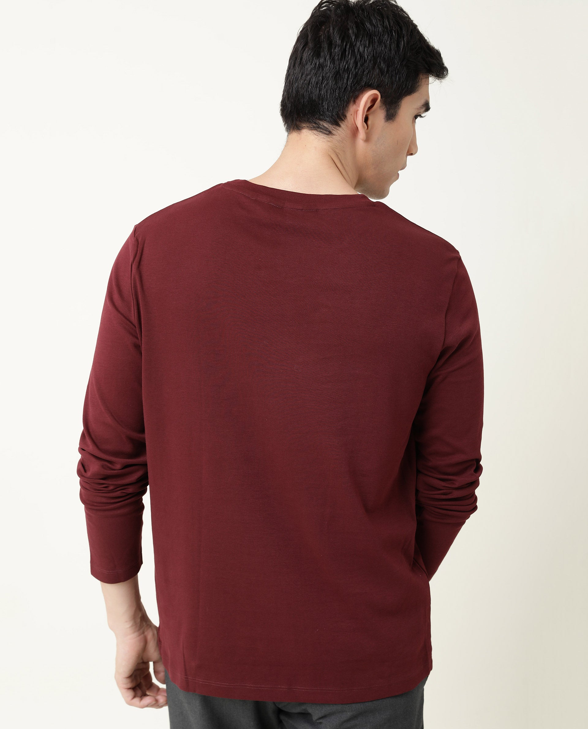 Rare Rabbit Men's Full Maroon Solid Crew Neck Full Sleeve Slim Fit T-S