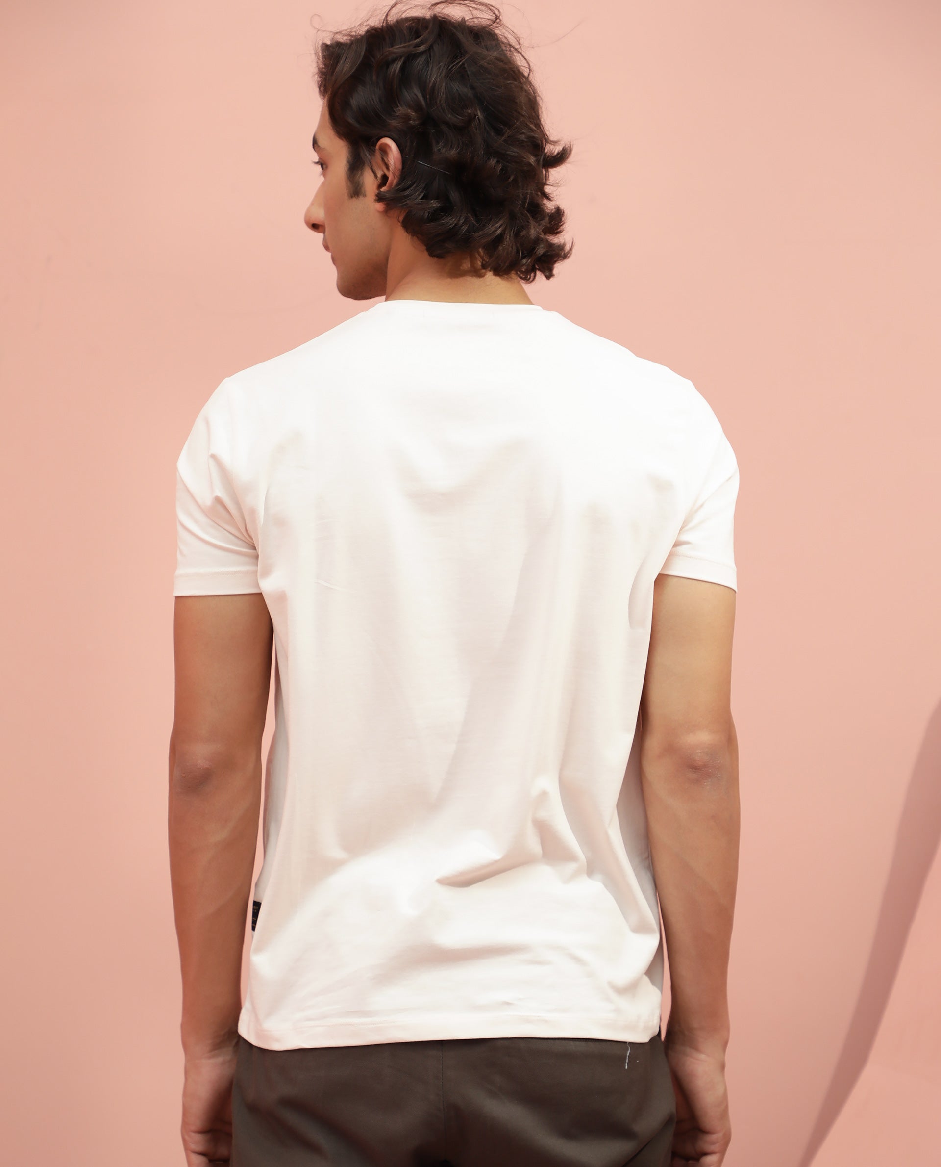 Rare Rabbit Men's Antile Peach Cotton Lycra Fabric Crew Neck Half Sleeves Regular Fit Graphic Print Monogram T-Shirt