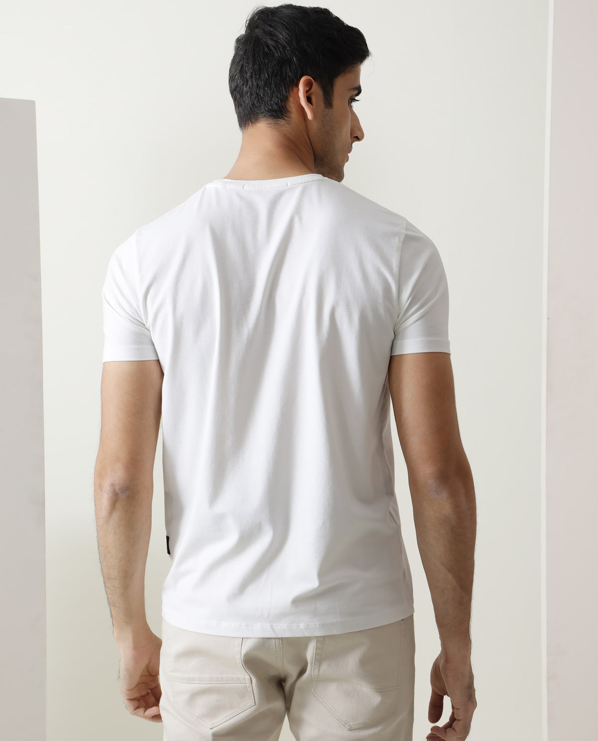 Rare Rabbit Men's Badget White Cotton Lycra Fabric Crew Neck Half Sleeves Regular Fit Graphic Print Branding T-Shirt