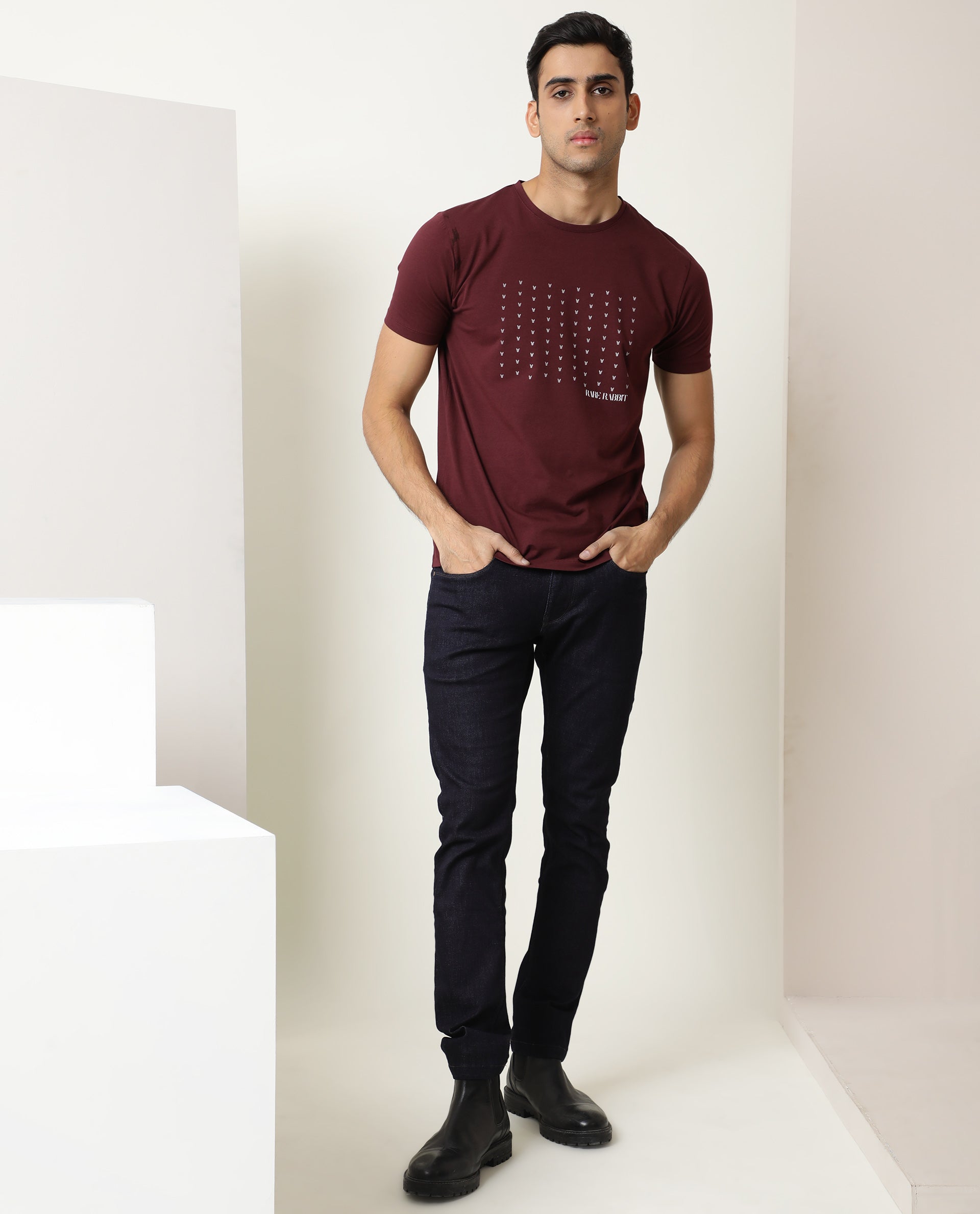 Rare Rabbit Men's Jitter Maroon Cotton Lycra Fabric Crew Neck Half Sleeves Regular Fit Graphic Printed Logo T-Shirt