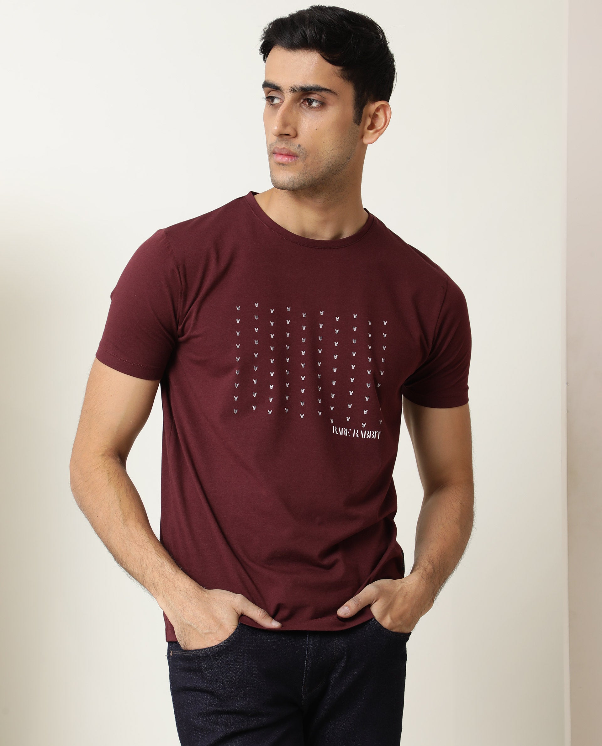 Rare Rabbit Men's Jitter Maroon Cotton Lycra Fabric Crew Neck Half Sleeves Regular Fit Graphic Printed Logo T-Shirt