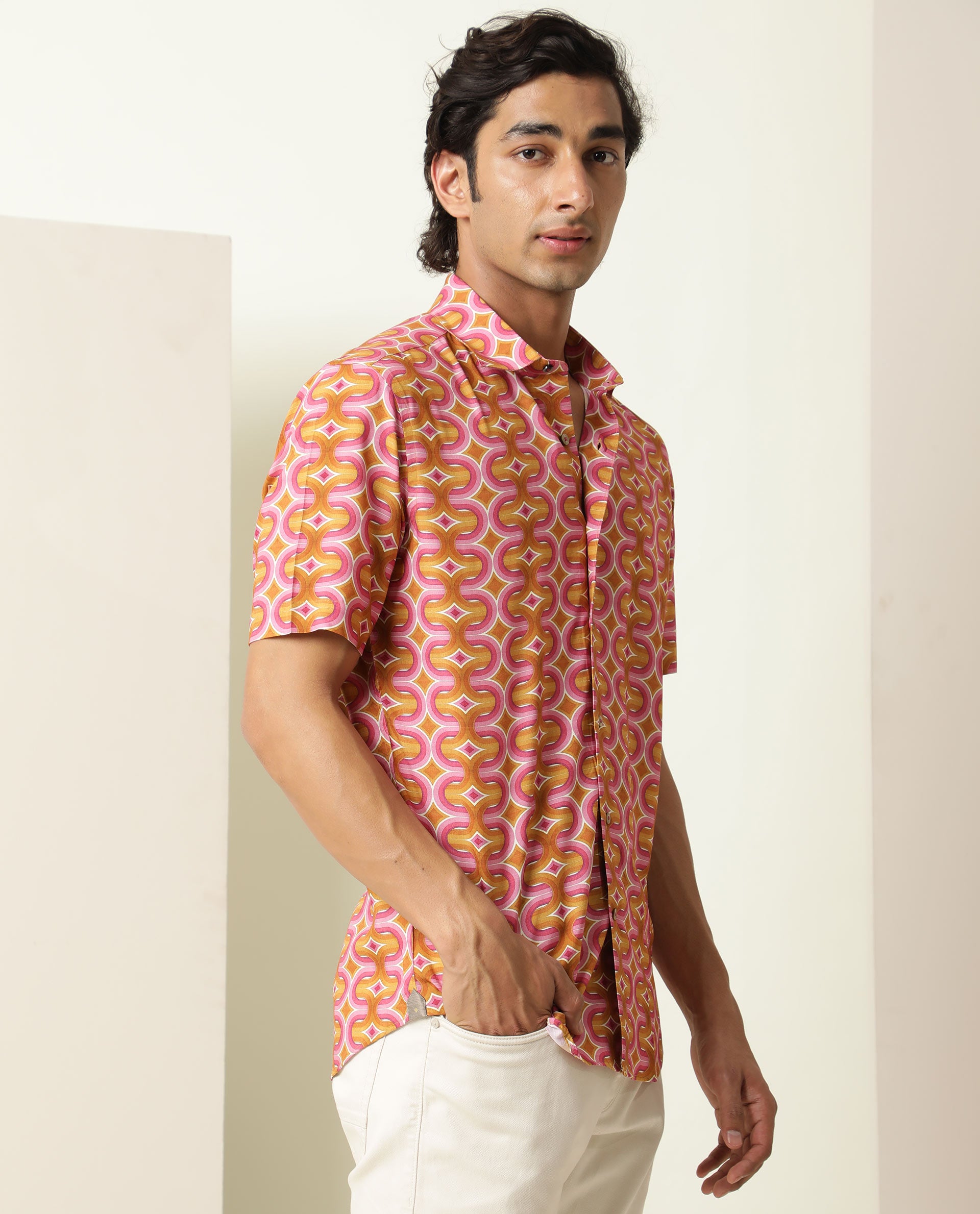 Rare Rabbit Men's Rebeus Multi Viscose Fabric Geometric Retro Print Half Sleeves Shirt