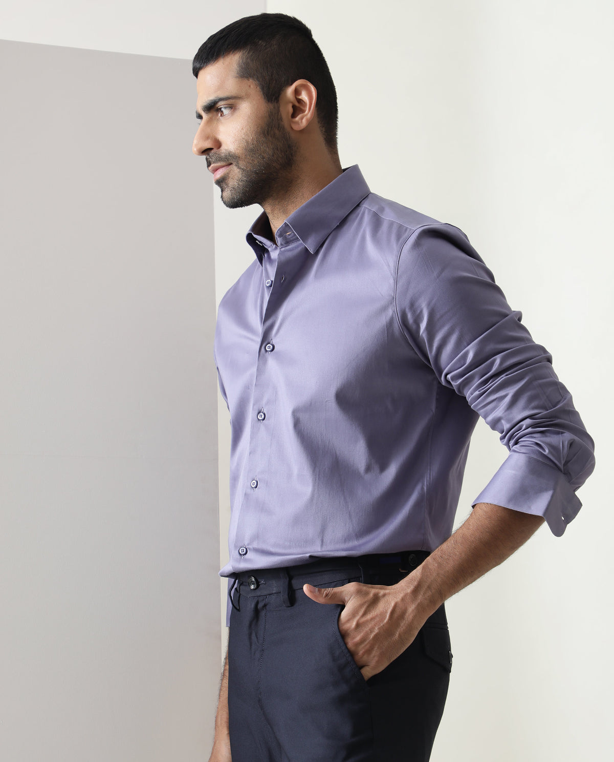Rare Rabbit Men's Como Light Purple Satin Fabric Button Down Collar Full Sleeves Solid Formal Shirt