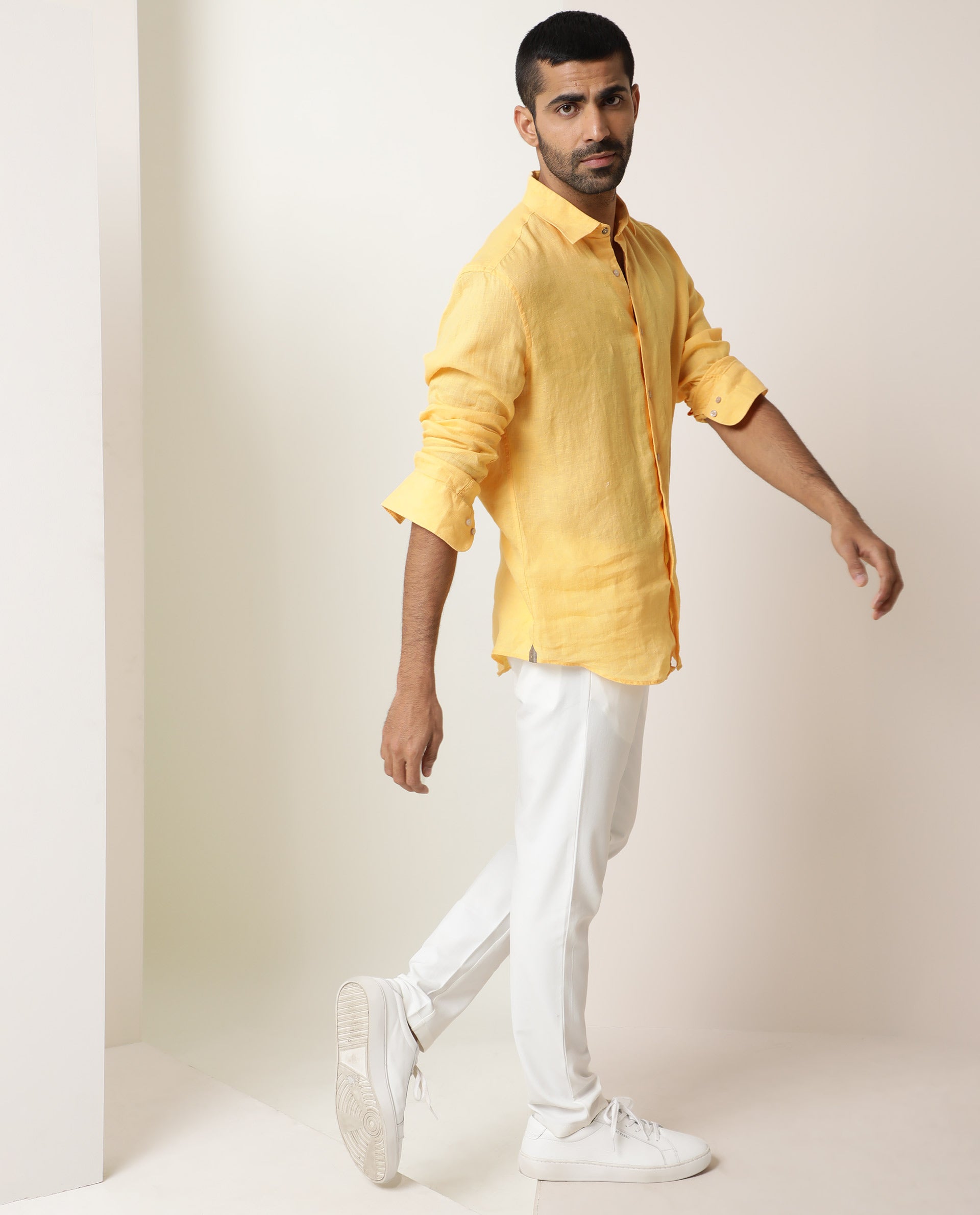 Rare Rabbit Men's Naples Yellow Viscose Linen Fabric Full Sleeves Soli