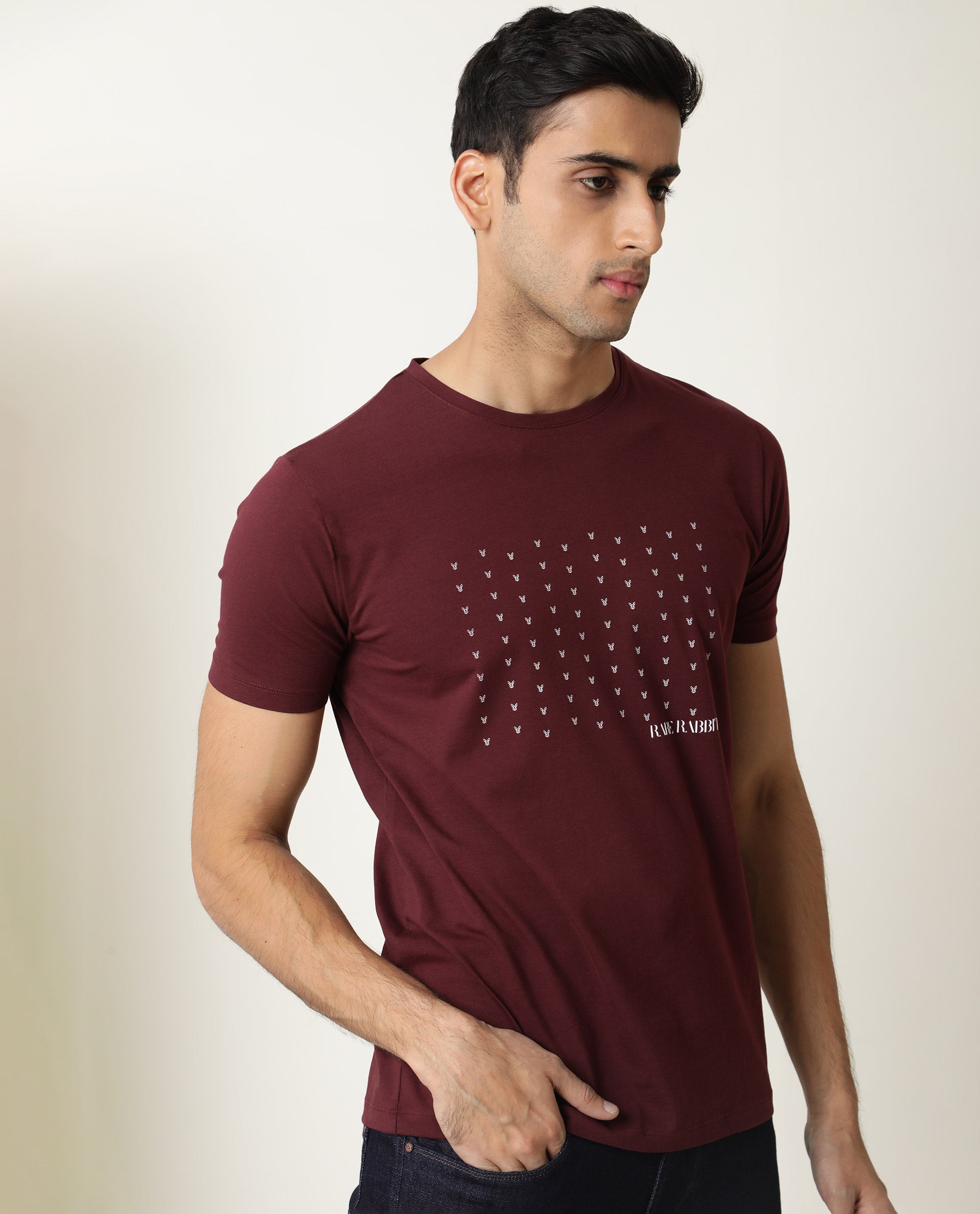 Rare Rabbit Men's Jitter Maroon Cotton Lycra Fabric Crew Neck Half Sleeves Regular Fit Graphic Printed Logo T-Shirt