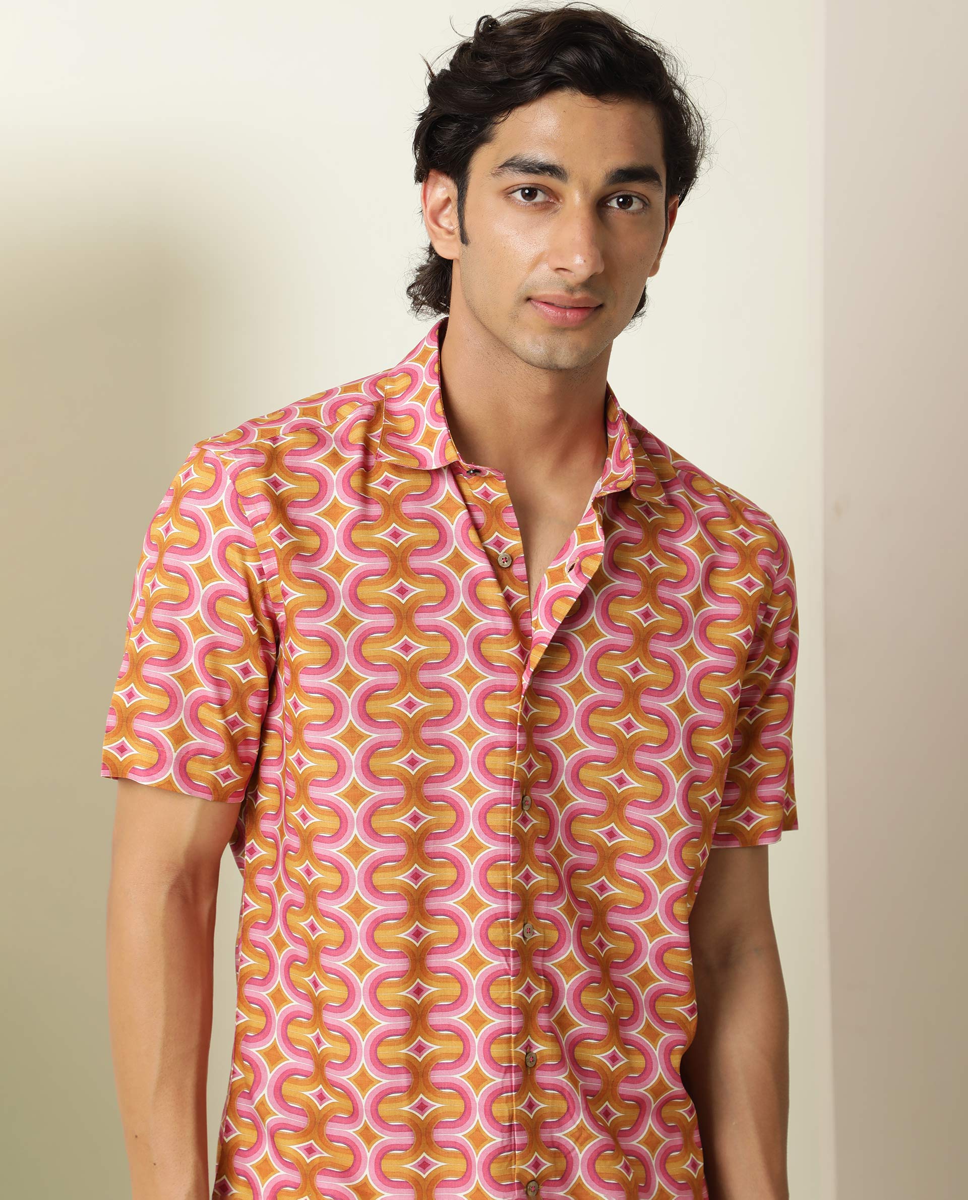 Rare Rabbit Men's Rebeus Multi Viscose Fabric Geometric Retro Print Half Sleeves Shirt