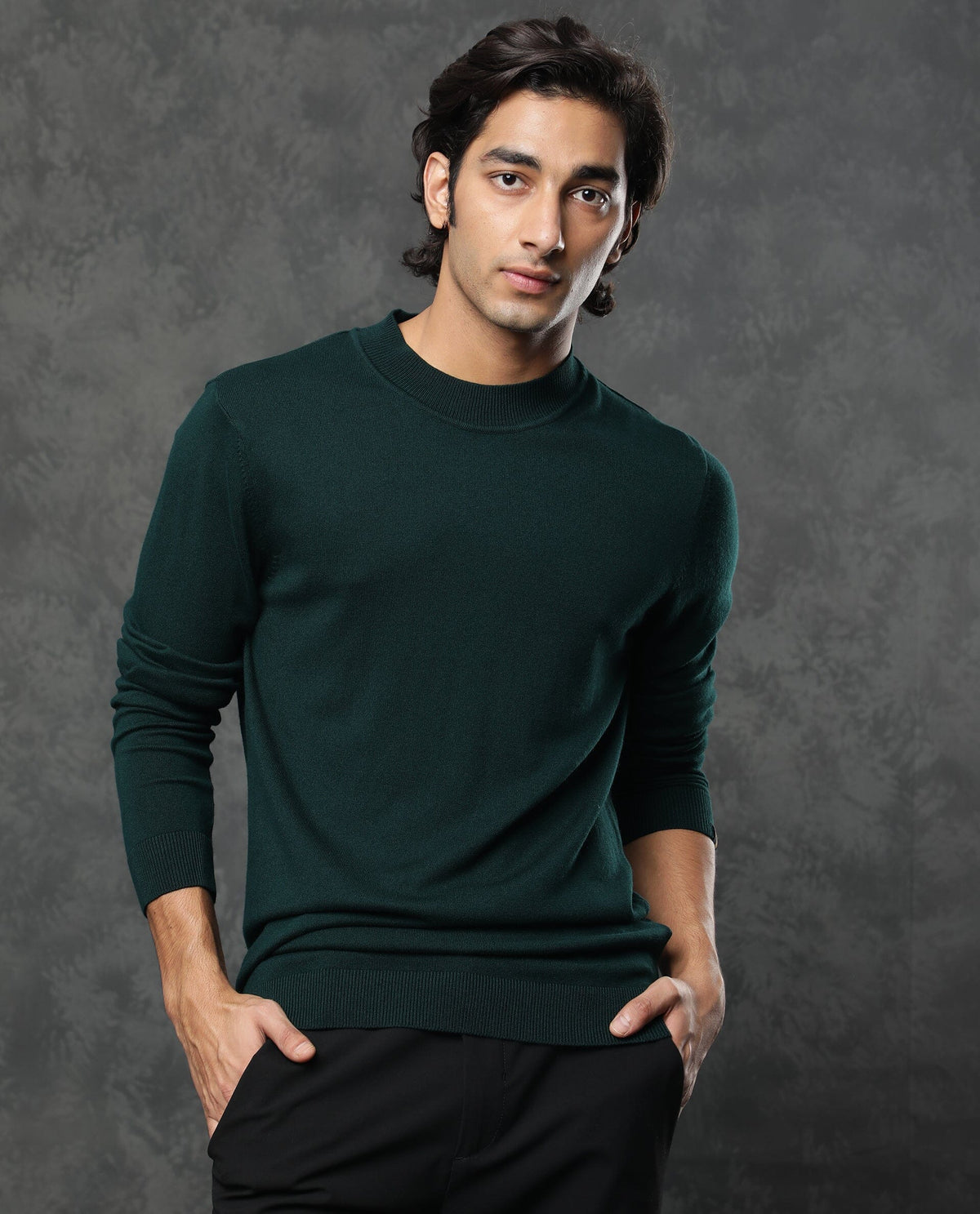 Rare Rabbit Men'S Alfo Green Pullover Viscose Fabric High Neck Full Sleeves Slim Fit