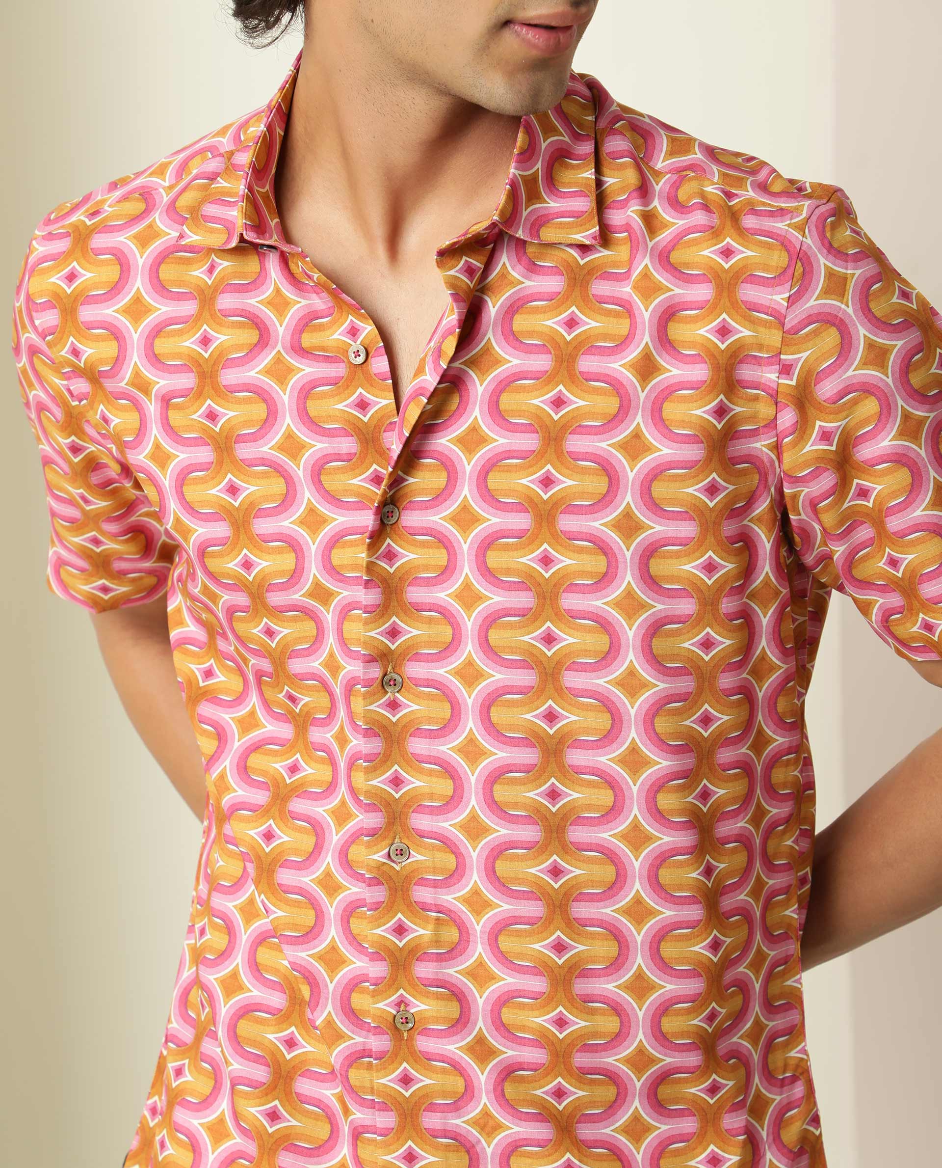 Rare Rabbit Men's Rebeus Multi Viscose Fabric Geometric Retro Print Half Sleeves Shirt