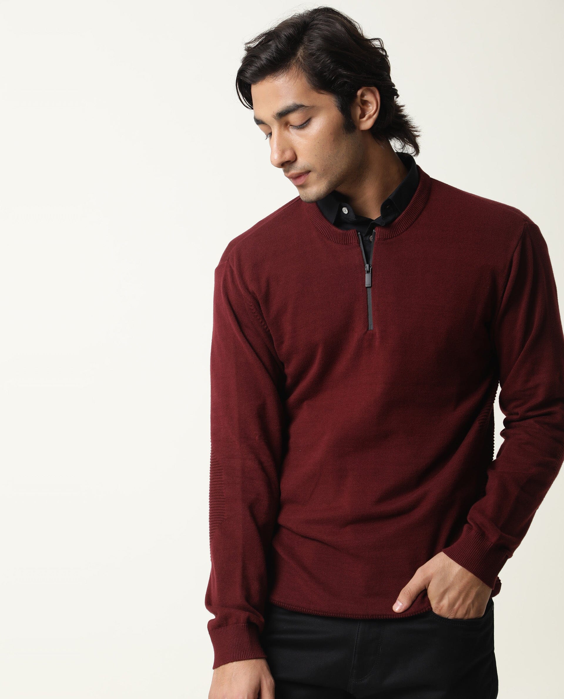 Rare Rabbit Men'S Rumbled Maroon Sweater Cotton Fabric Full Sleeves Zipper Closure Slim Fit