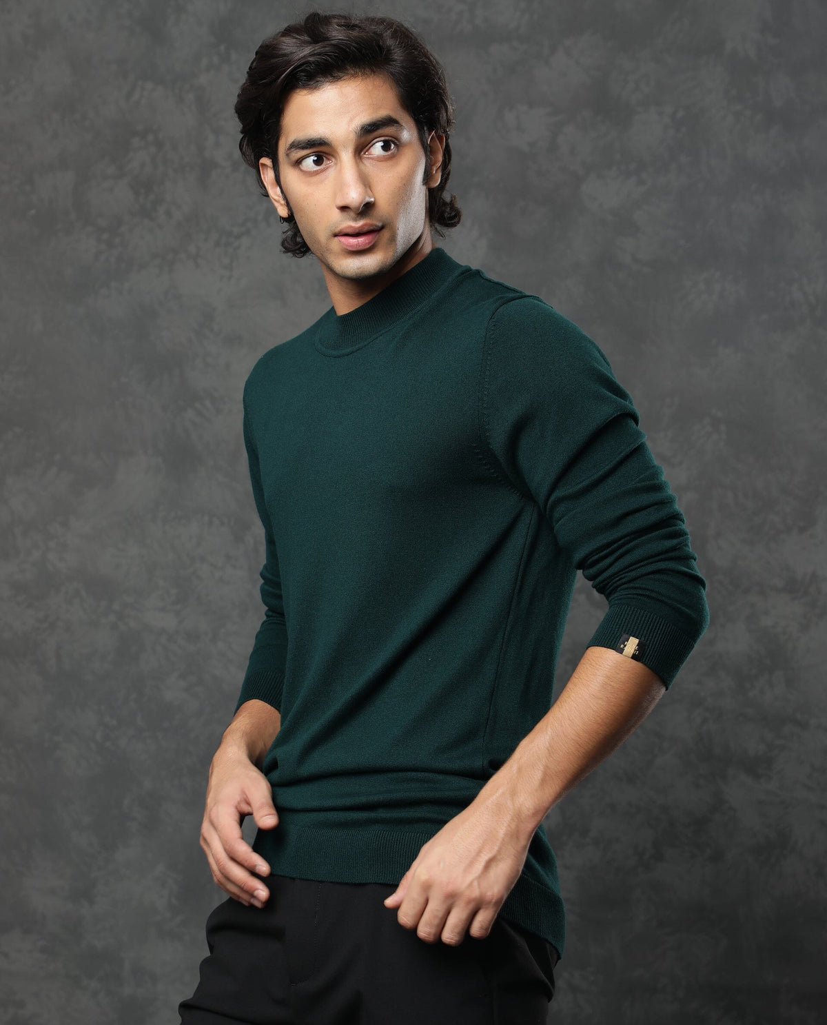 Rare Rabbit Men'S Alfo Green Pullover Viscose Fabric High Neck Full Sleeves Slim Fit
