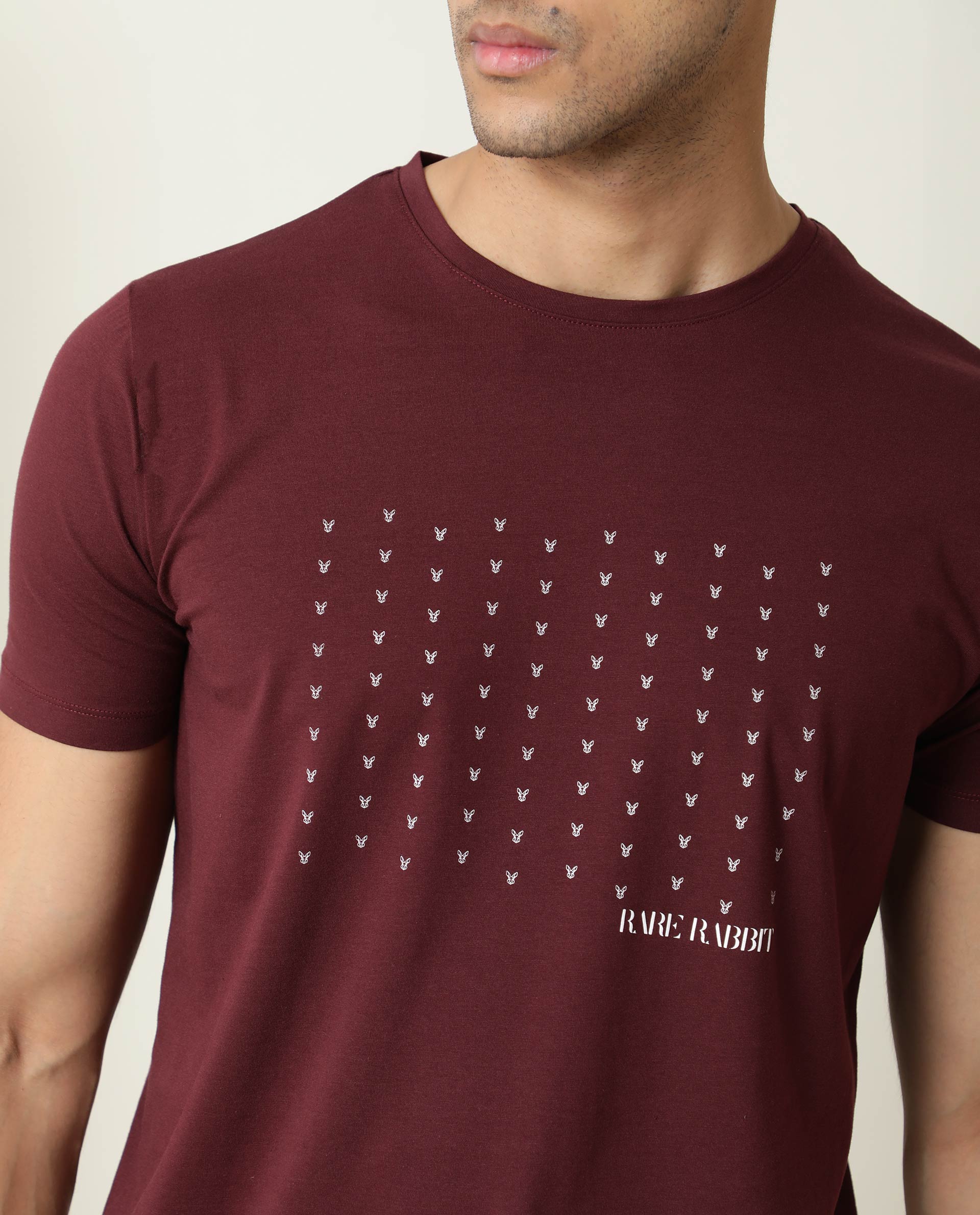Rare Rabbit Men's Jitter Maroon Cotton Lycra Fabric Crew Neck Half Sleeves Regular Fit Graphic Printed Logo T-Shirt