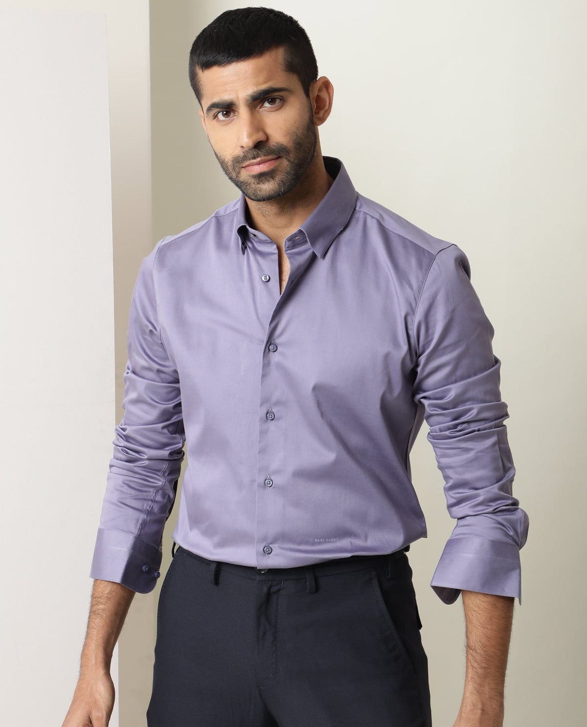 Rare Rabbit Men's Como Light Purple Satin Fabric Button Down Collar Full Sleeves Solid Formal Shirt