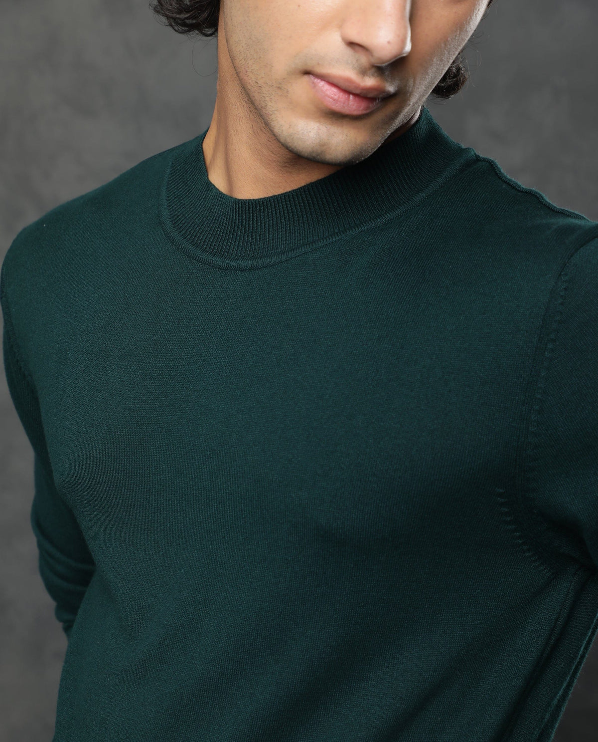 Rare Rabbit Men'S Alfo Green Pullover Viscose Fabric High Neck Full Sleeves Slim Fit