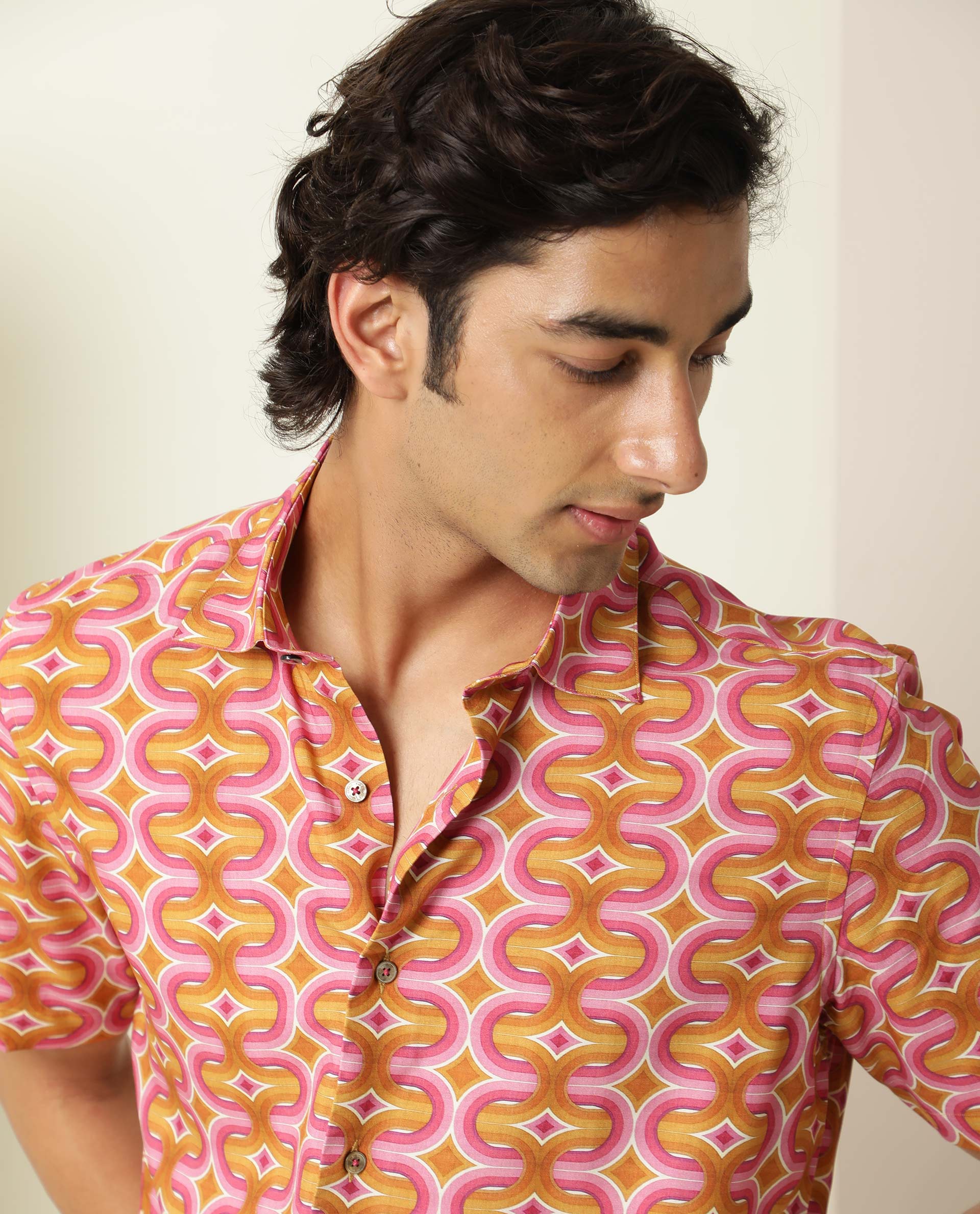 Rare Rabbit Men's Rebeus Multi Viscose Fabric Geometric Retro Print Half Sleeves Shirt