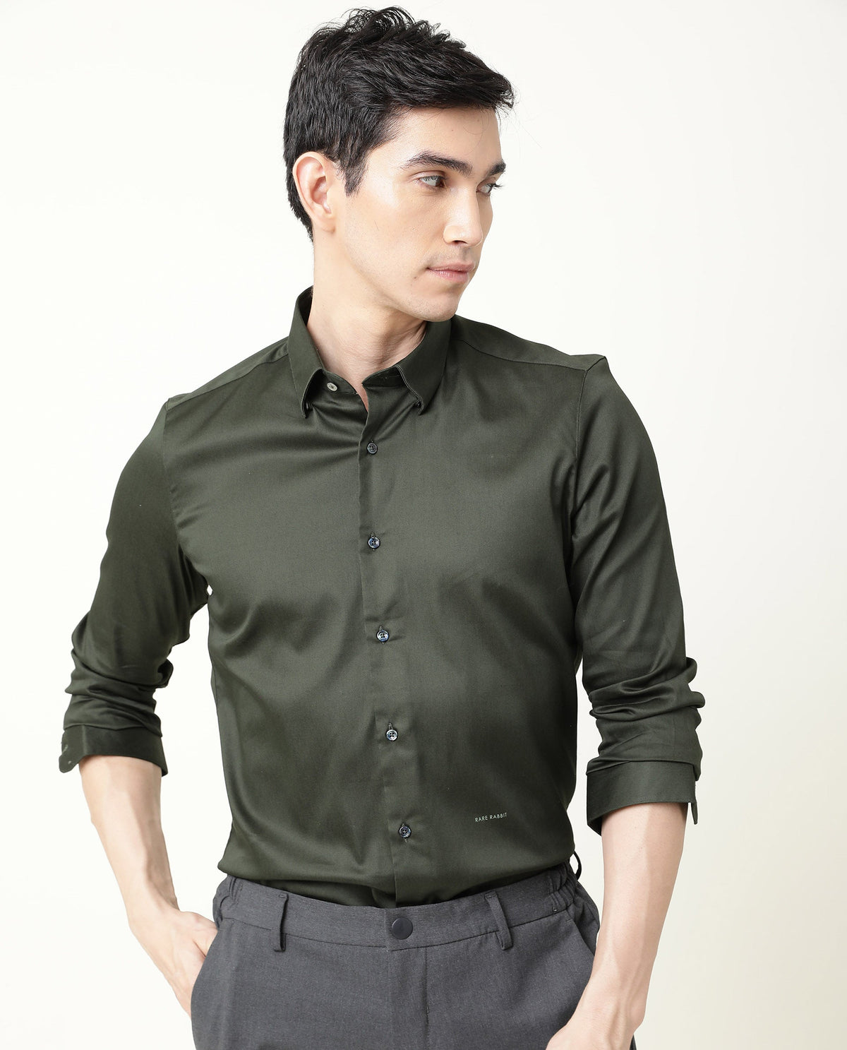 RARE RABBIT MEN'S SATIN GREEN SHIRT COTTON FABRIC COLLARED NECK FULL SLEEVES BUTTON CLOSURE SLIM FIT