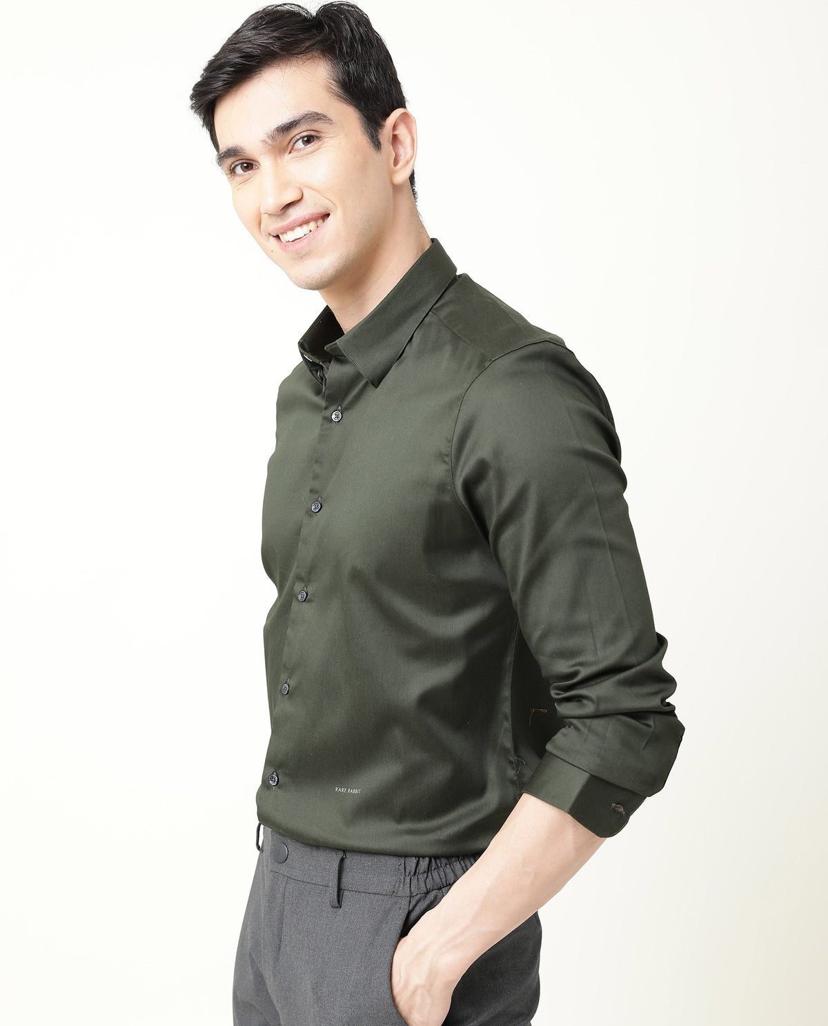 RARE RABBIT MEN'S SATIN GREEN SHIRT COTTON FABRIC COLLARED NECK FULL SLEEVES BUTTON CLOSURE SLIM FIT