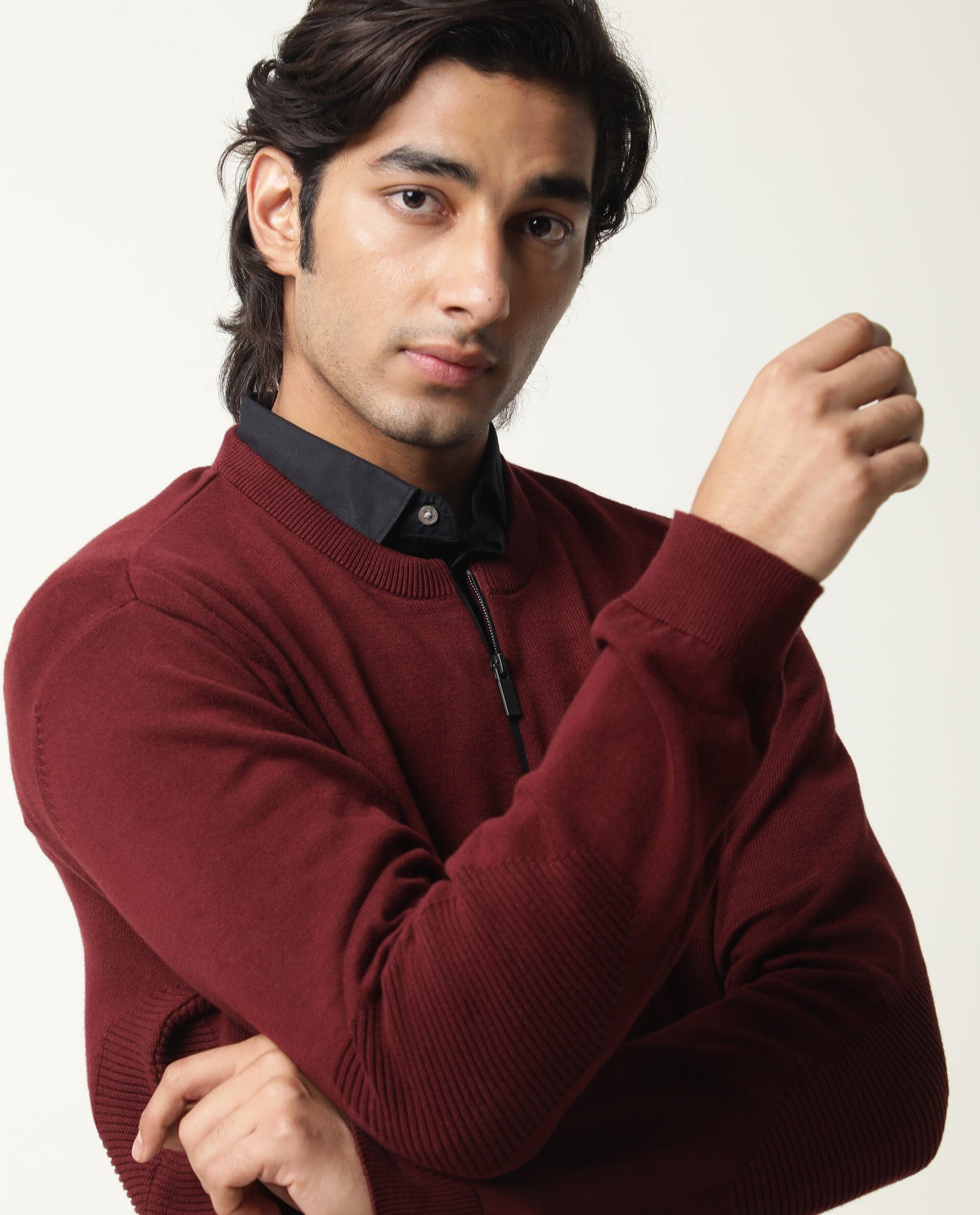 Rare Rabbit Men'S Rumbled Maroon Sweater Cotton Fabric Full Sleeves Zipper Closure Slim Fit