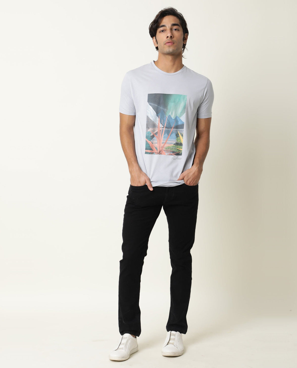 Rare Rabbit Men's Mount Blue Crew Neck Graphic Printed Half Sleeves Slim Fit T-Shirt