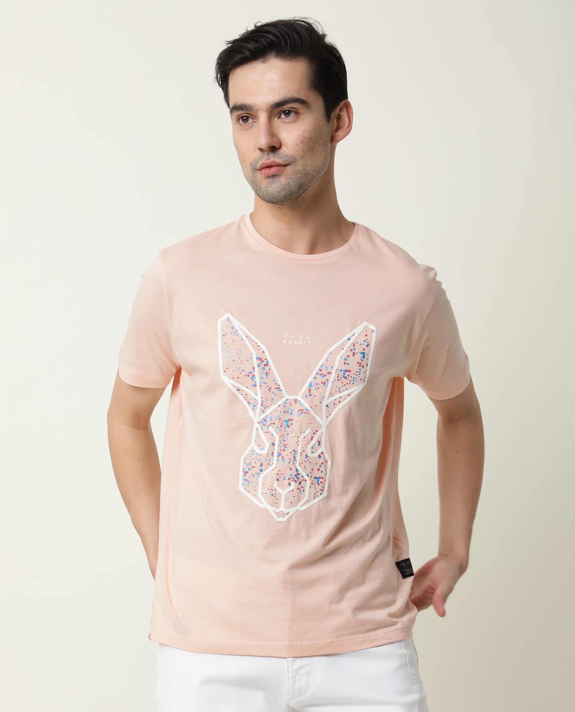 RARE RABBIT MEN'S MILTON PINK T-SHIRT COTTON FABRIC CREW NECK HALF SLE