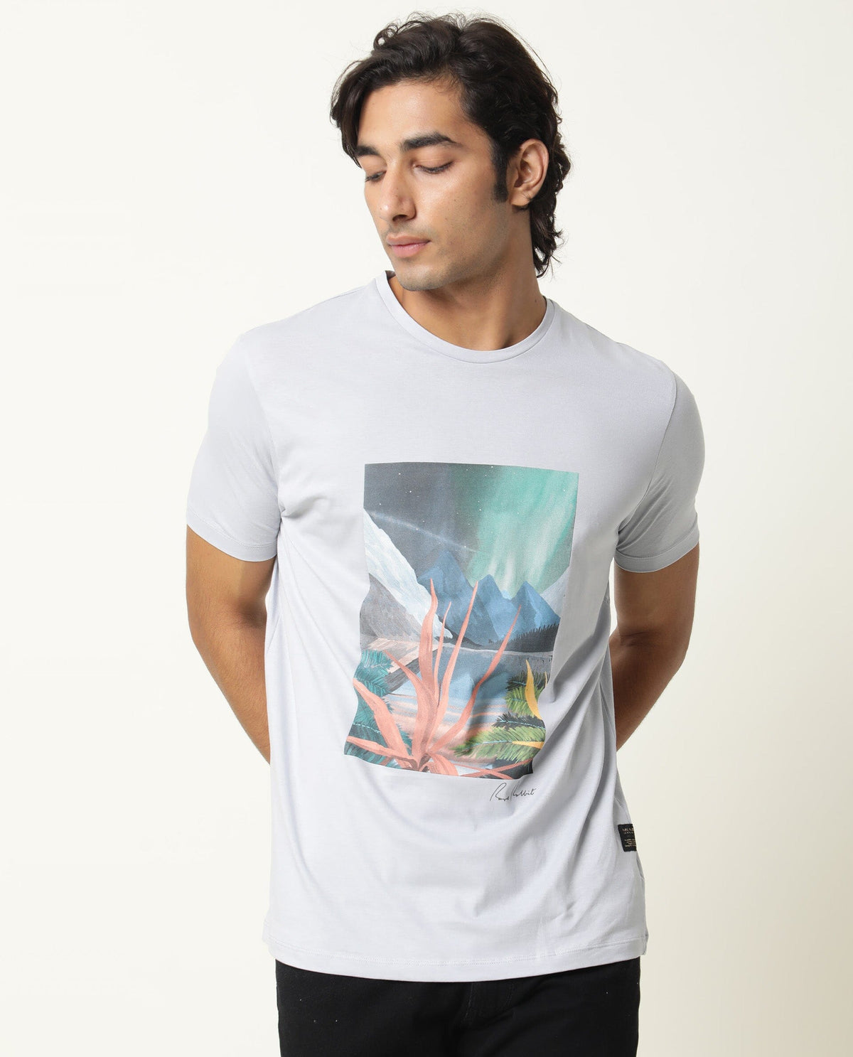Rare Rabbit Men's Mount Blue Crew Neck Graphic Printed Half Sleeves Slim Fit T-Shirt