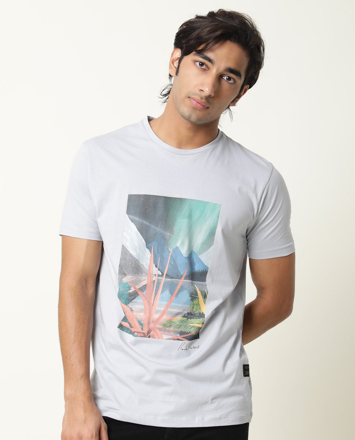 Rare Rabbit Men's Mount Blue Crew Neck Graphic Printed Half Sleeves Slim Fit T-Shirt
