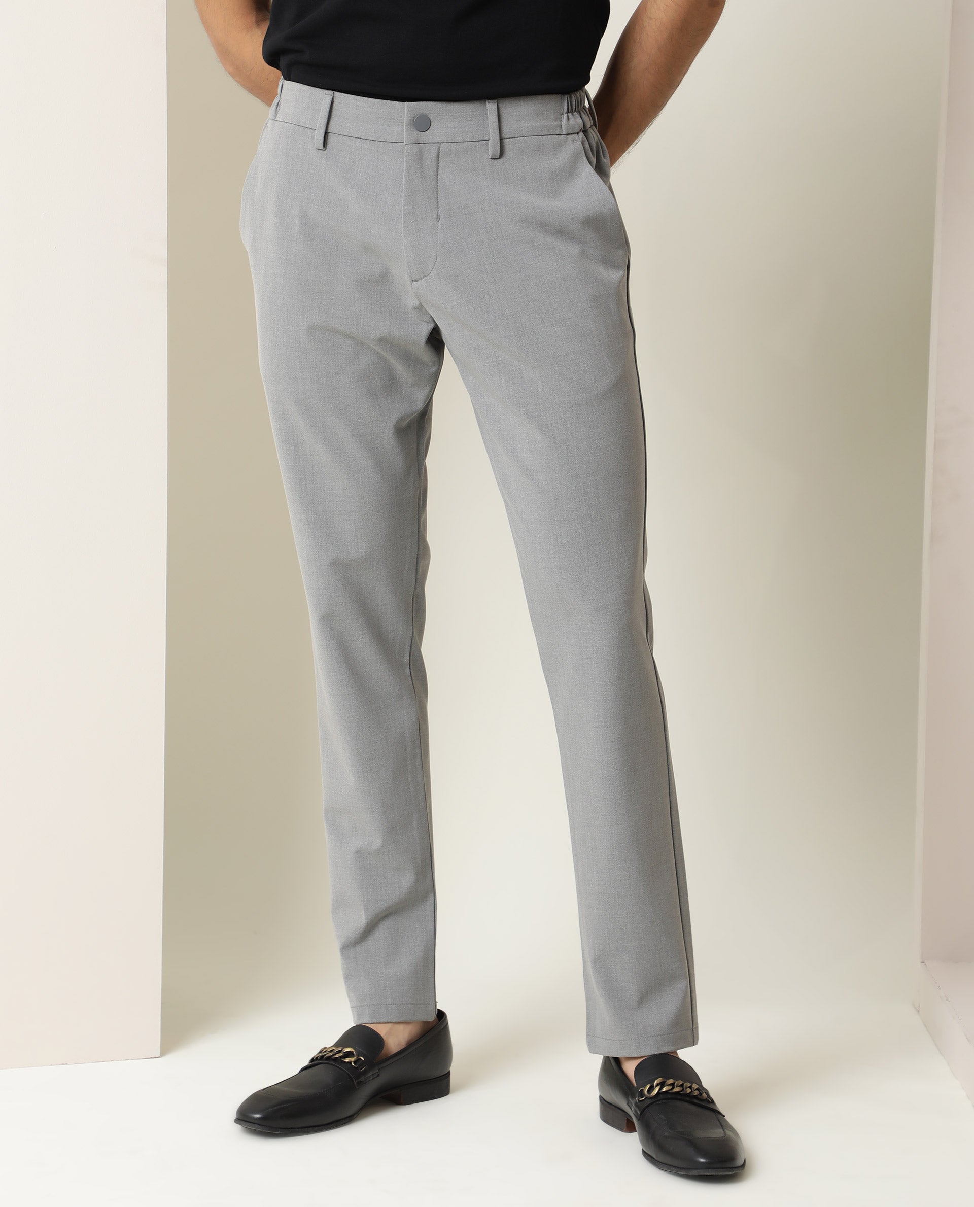 Rare Rabbit Men's Traverse Grey Solid Mid-Rise Regular Fit Stretch Trousers