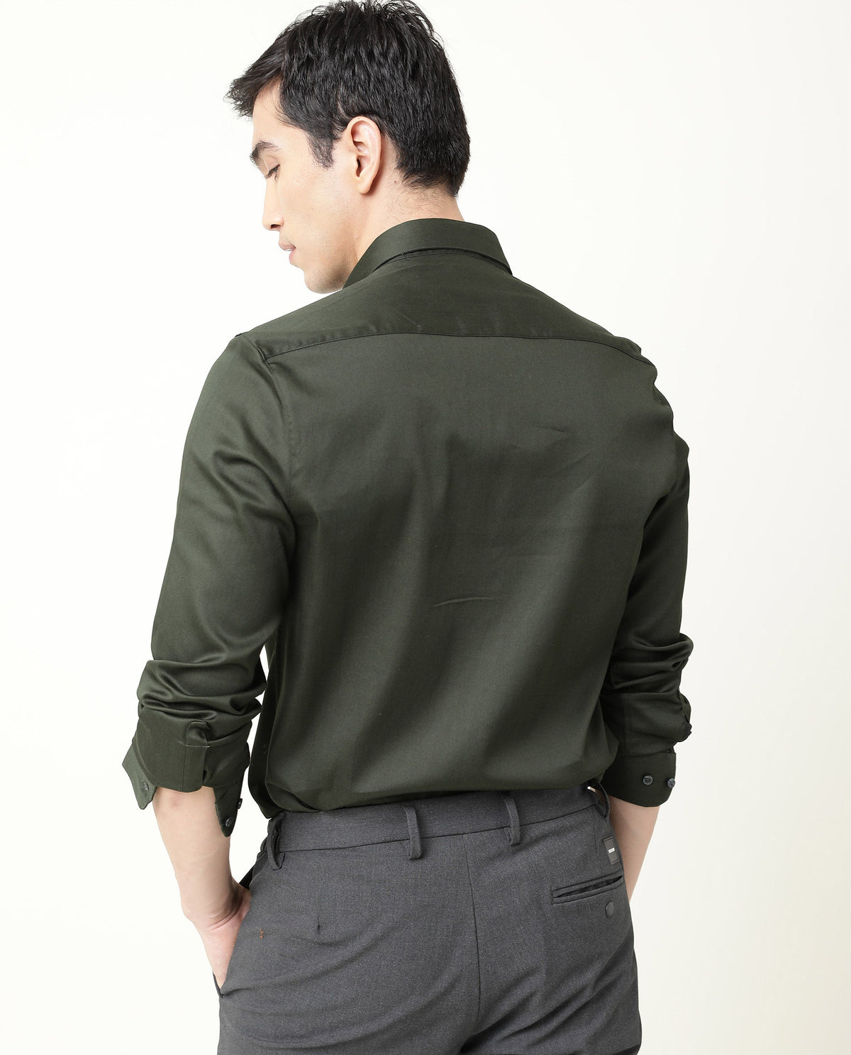 RARE RABBIT MEN'S SATIN GREEN SHIRT COTTON FABRIC COLLARED NECK FULL SLEEVES BUTTON CLOSURE SLIM FIT