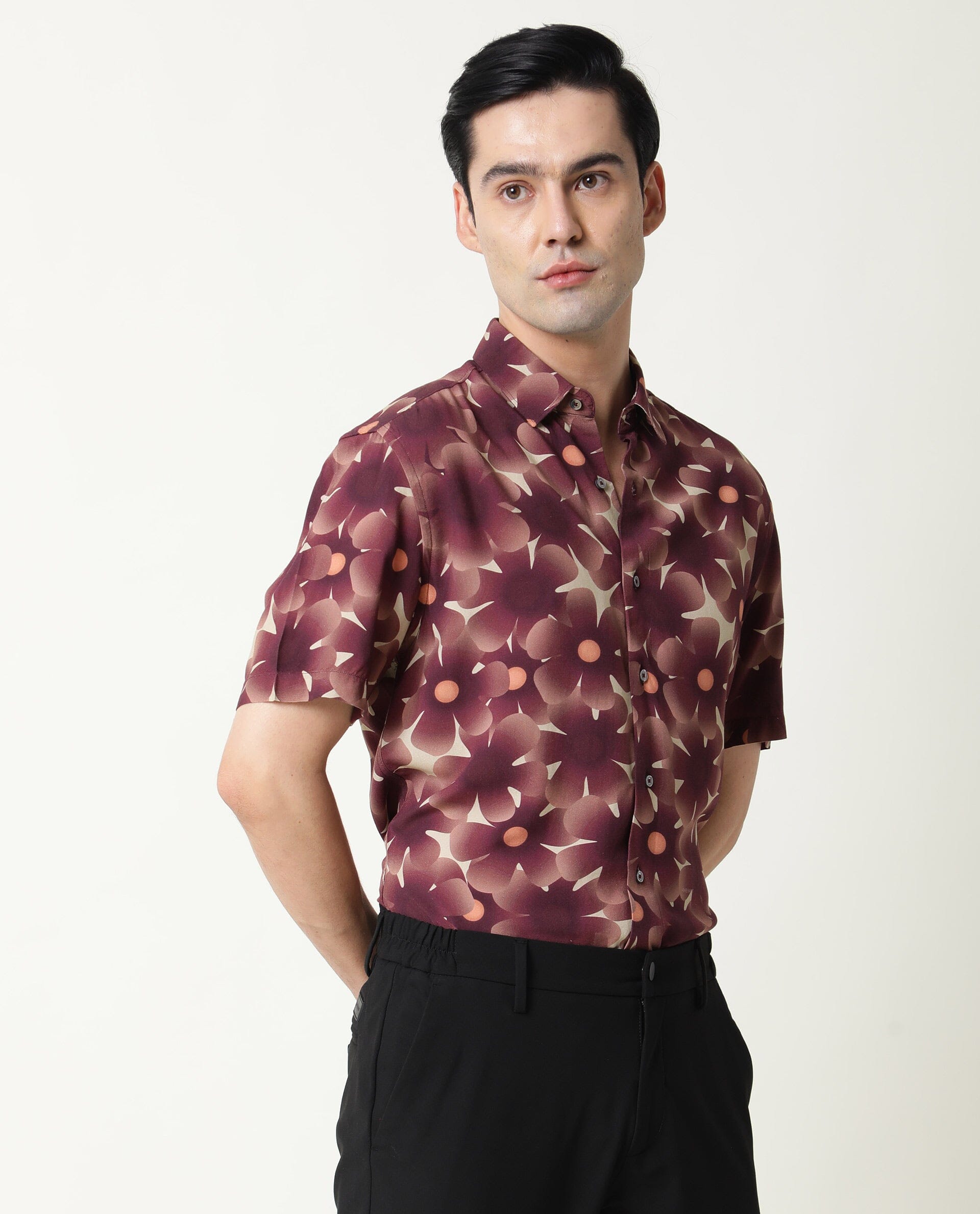 Rare Rabbit Men's Parles Brown Viscose Fabric Floral Print Half Sleeves Shirt