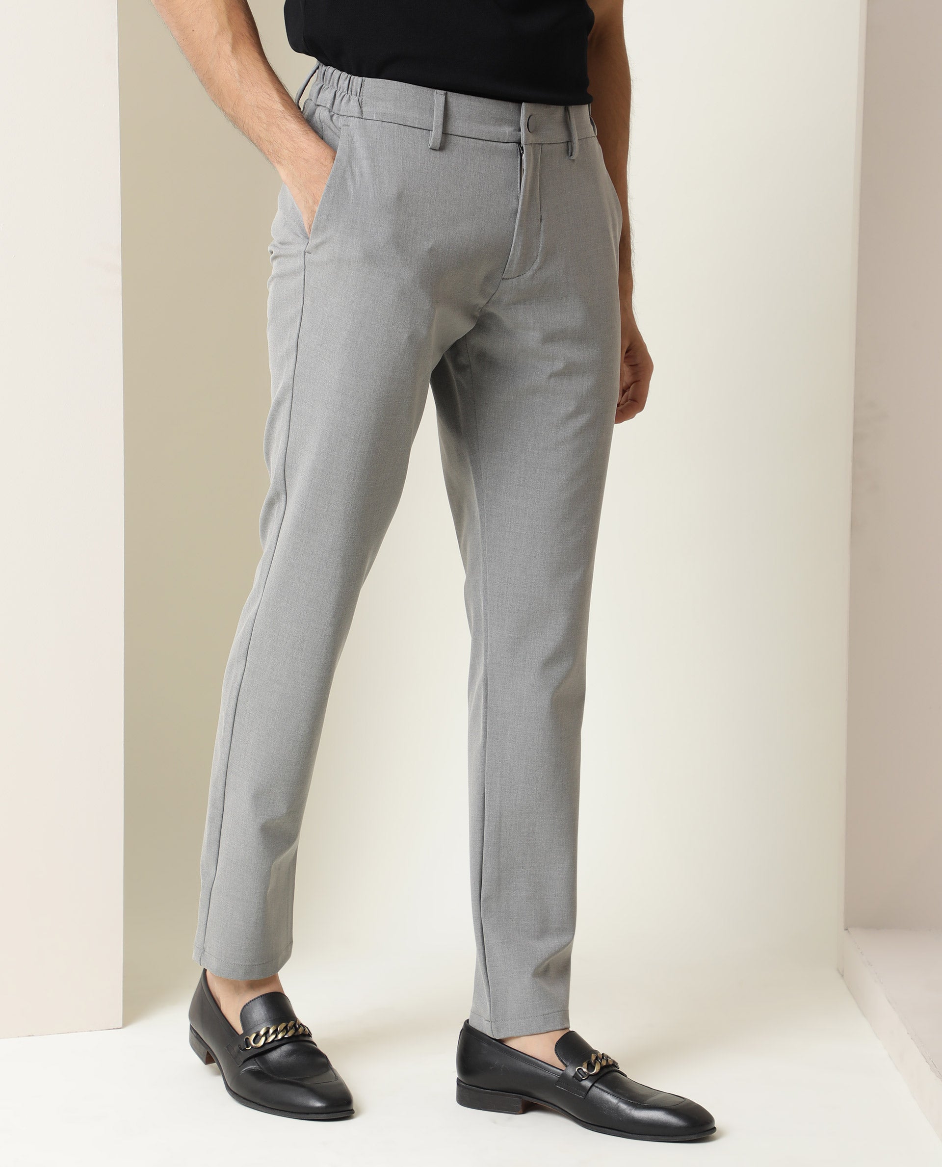 Rare Rabbit Men's Traverse Grey Solid Mid-Rise Regular Fit Stretch Trousers