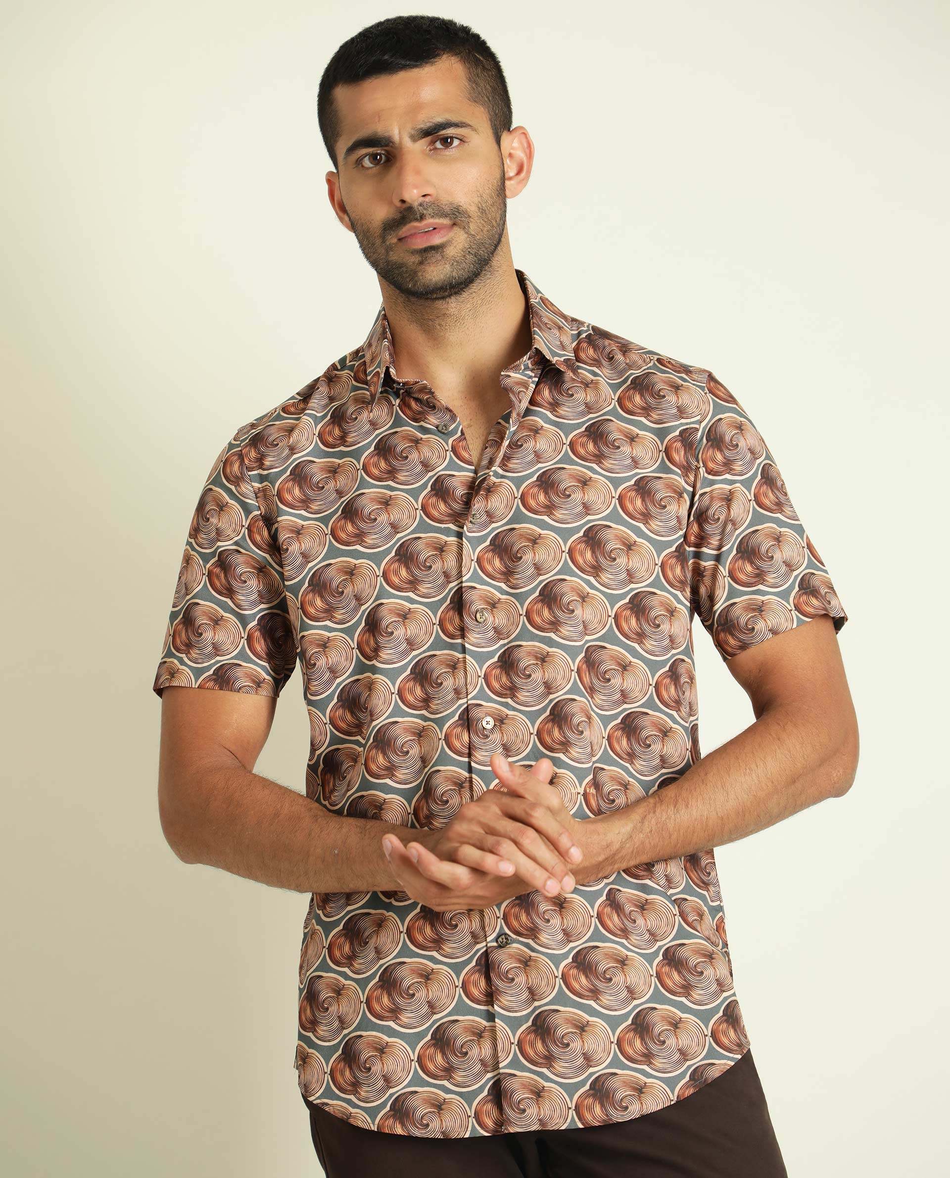 Rare Rabbit Men's Tymon Ss Grey Viscose Fabric Abstract Print Half Sleeves Shirt