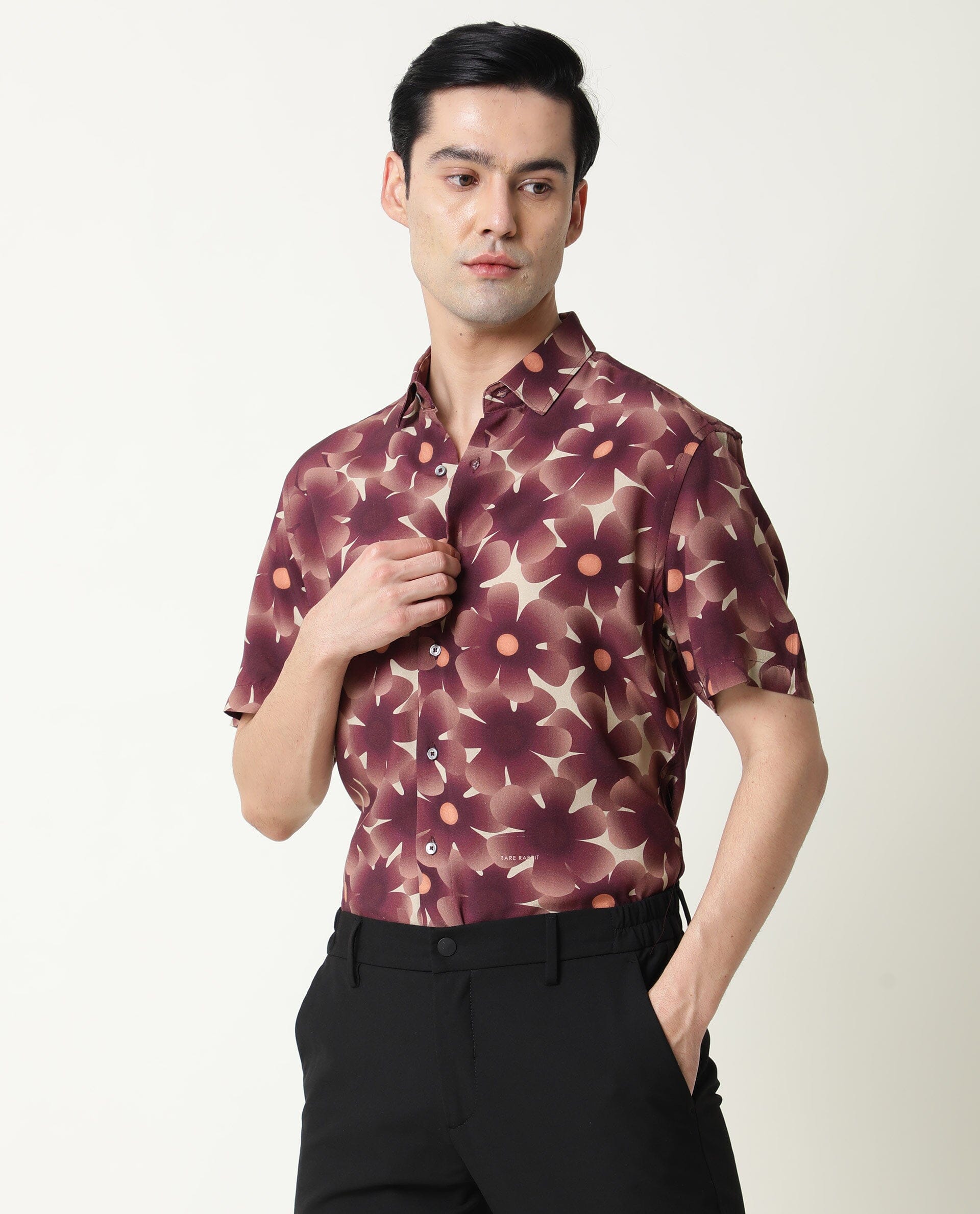 Rare Rabbit Men's Parles Brown Viscose Fabric Floral Print Half Sleeves Shirt