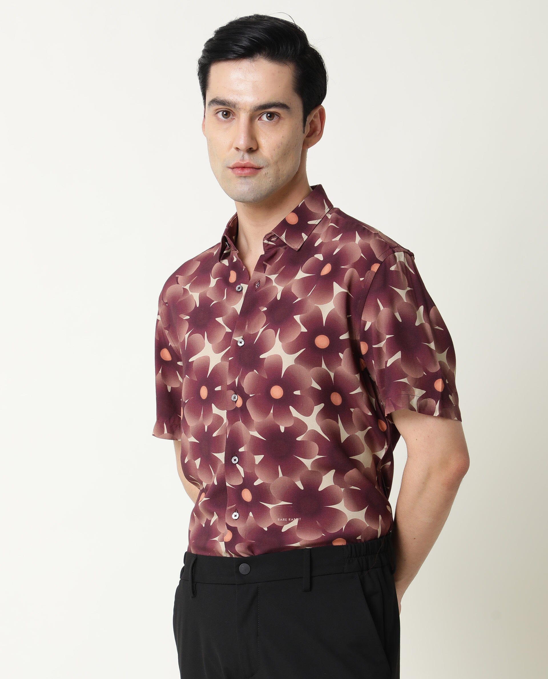 Rare Rabbit Men's Parles Brown Viscose Fabric Floral Print Half Sleeves Shirt