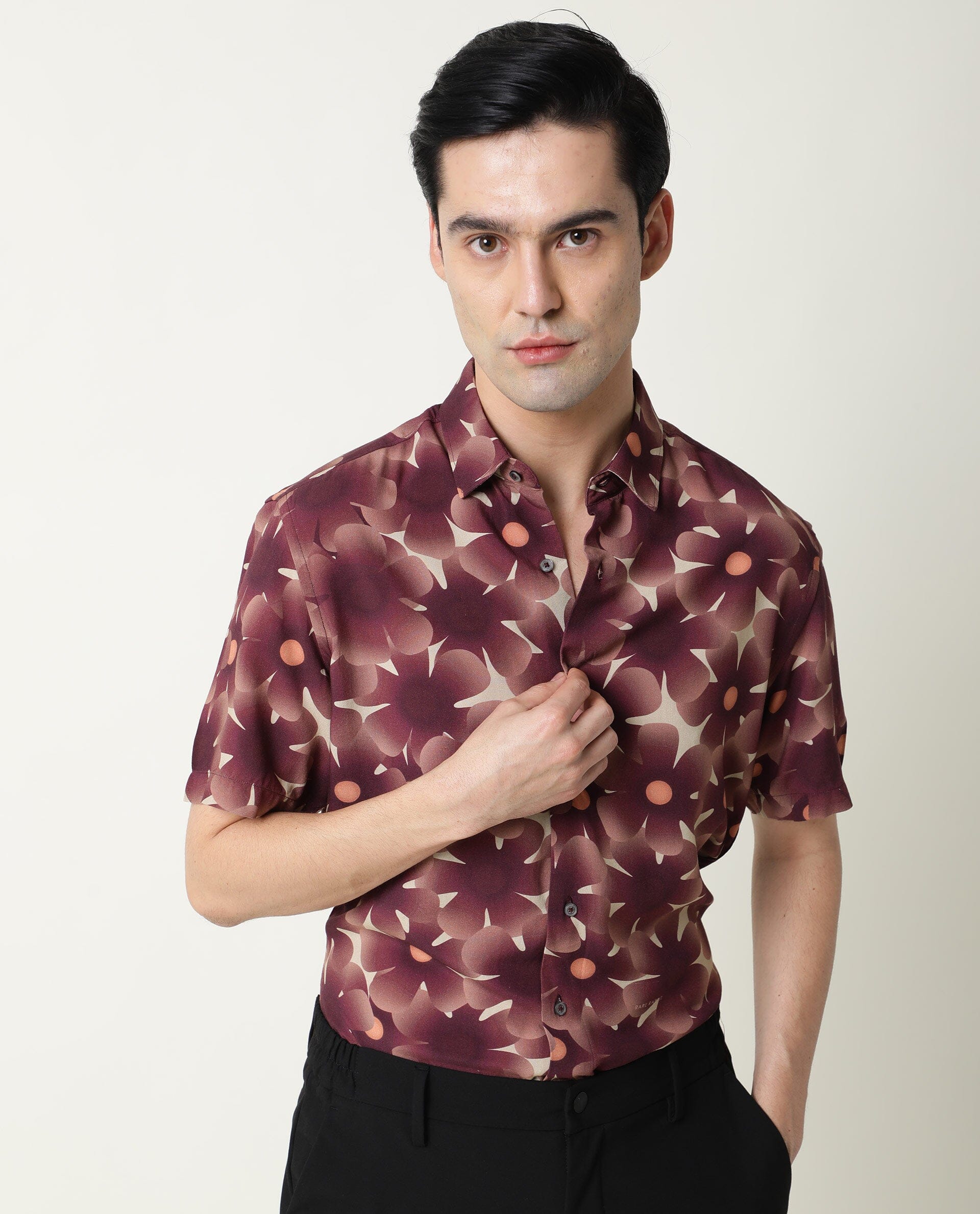 Rare Rabbit Men's Parles Brown Viscose Fabric Floral Print Half Sleeves Shirt