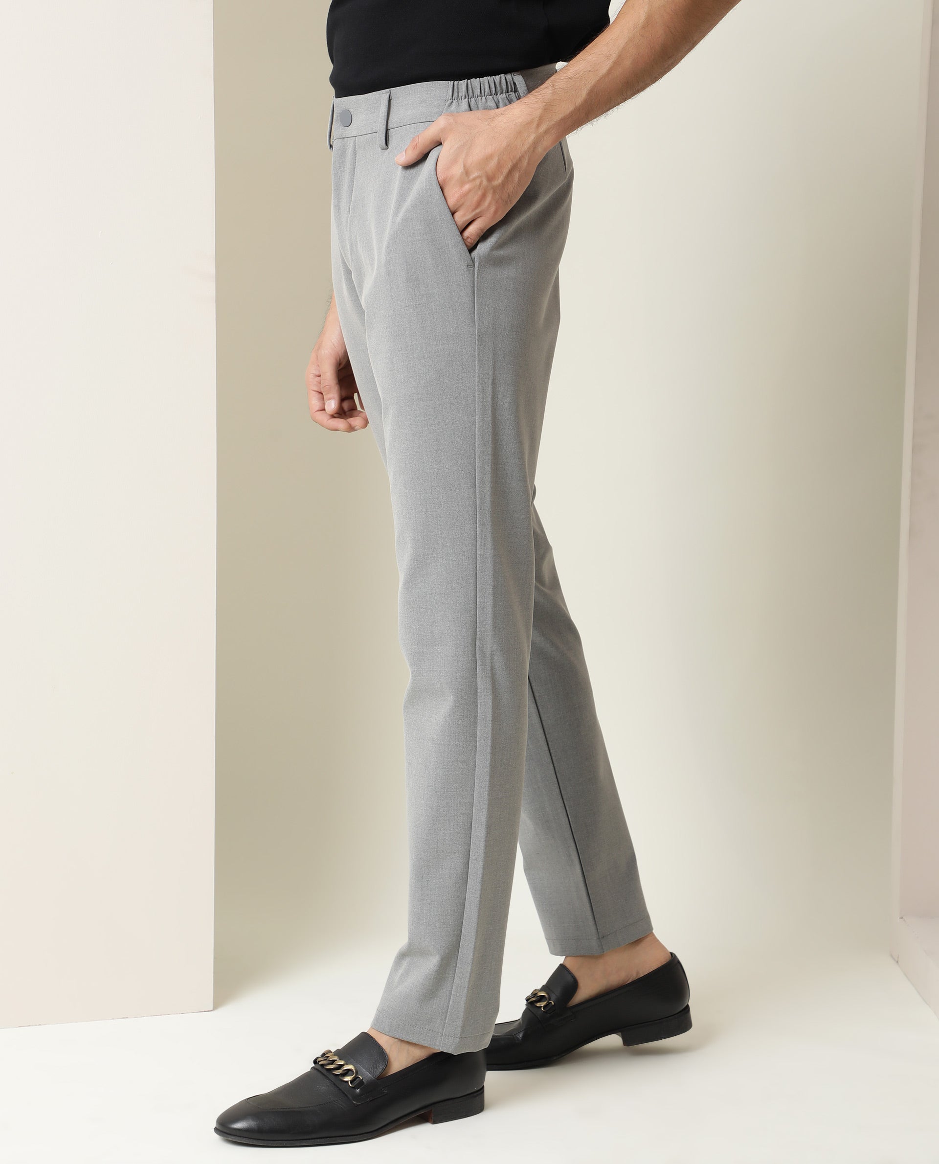 Rare Rabbit Men's Traverse Grey Solid Mid-Rise Regular Fit Stretch Trousers