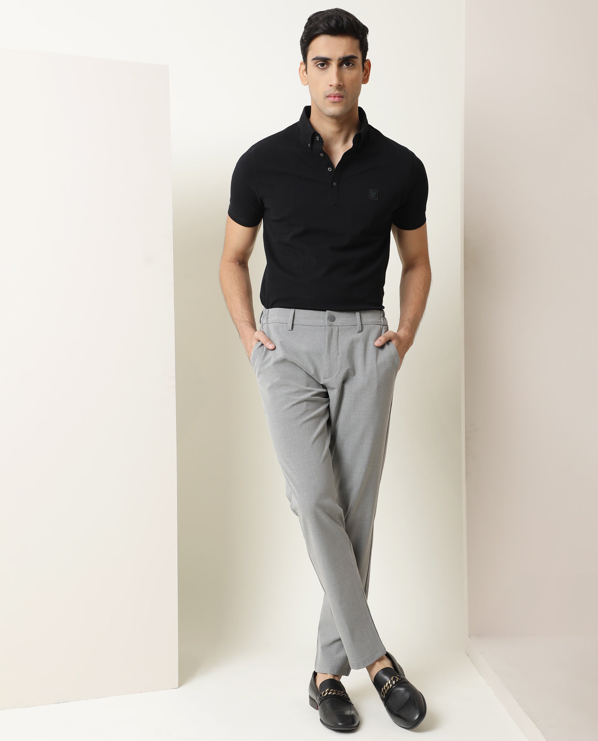 Rare Rabbit Men's Traverse Grey Solid Mid-Rise Regular Fit Stretch Trousers